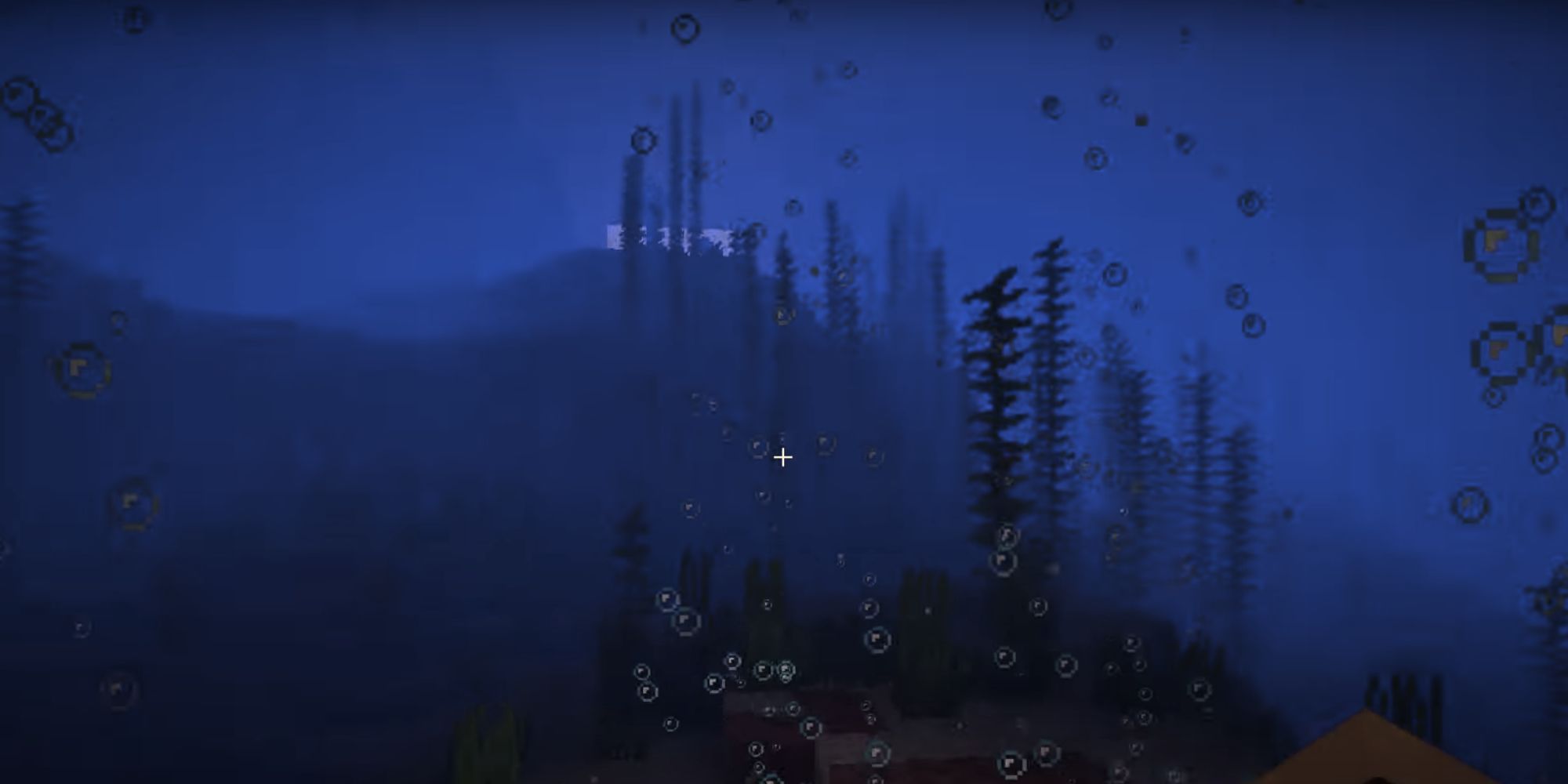 An underwater view of an ocean, showing plenty of bubbles, kelp, and a dark sea floor.