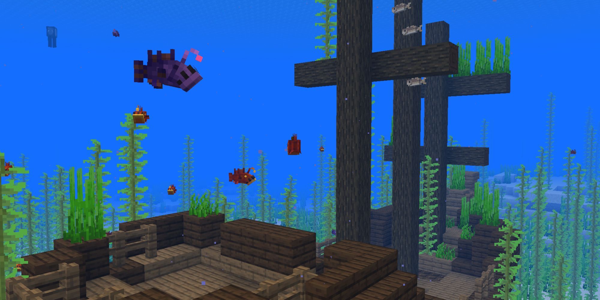 A wide variety of fish species from Sea of Thieves seen underwater in Minecraft.