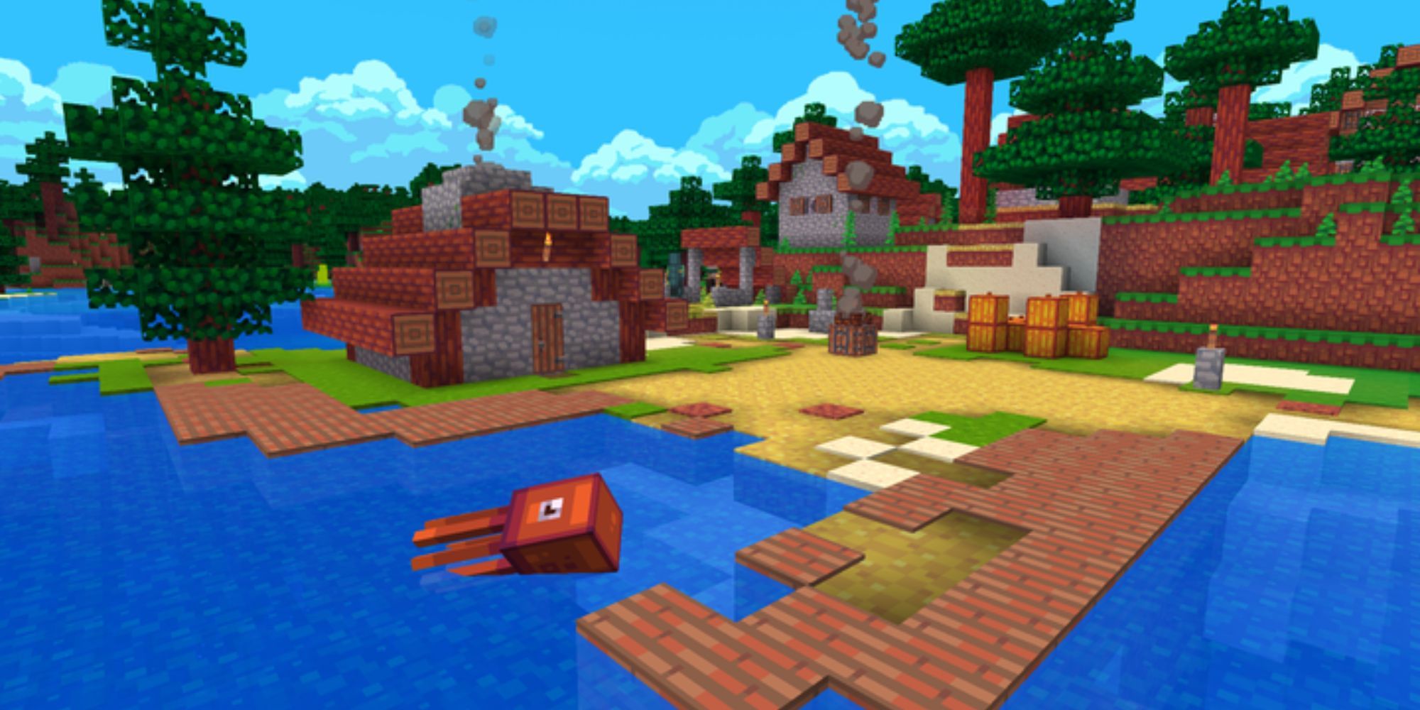 A small, cute village near the water with docks and an orange squid swimming in the deep blue water.