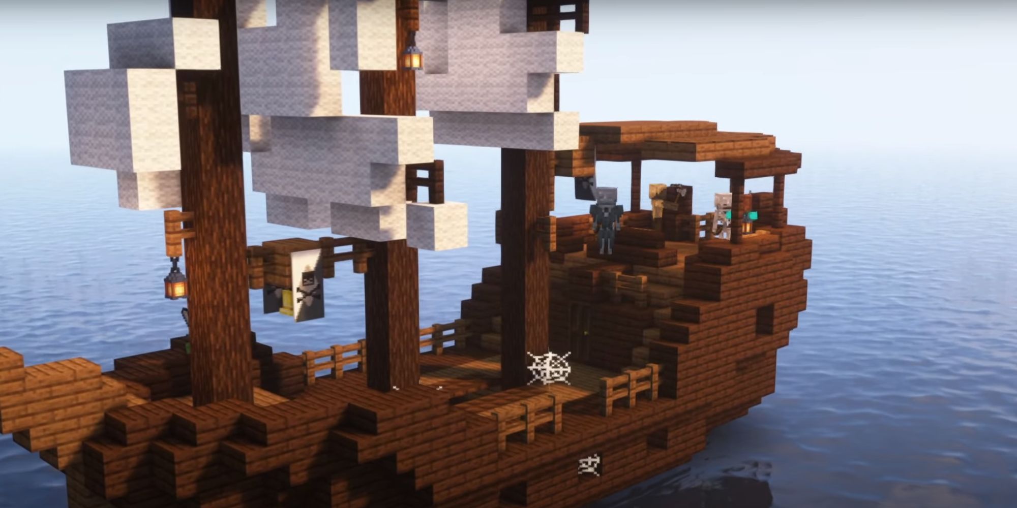 A ship made of dark wood and white sails seen sitting above the water with enemy mobs on it.