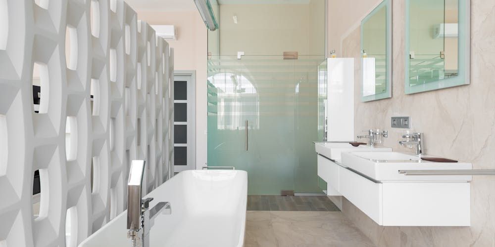 Minimalist Bathroom White Aesthetic Floating Sink, Clean Bath, Frosted Shower Glass