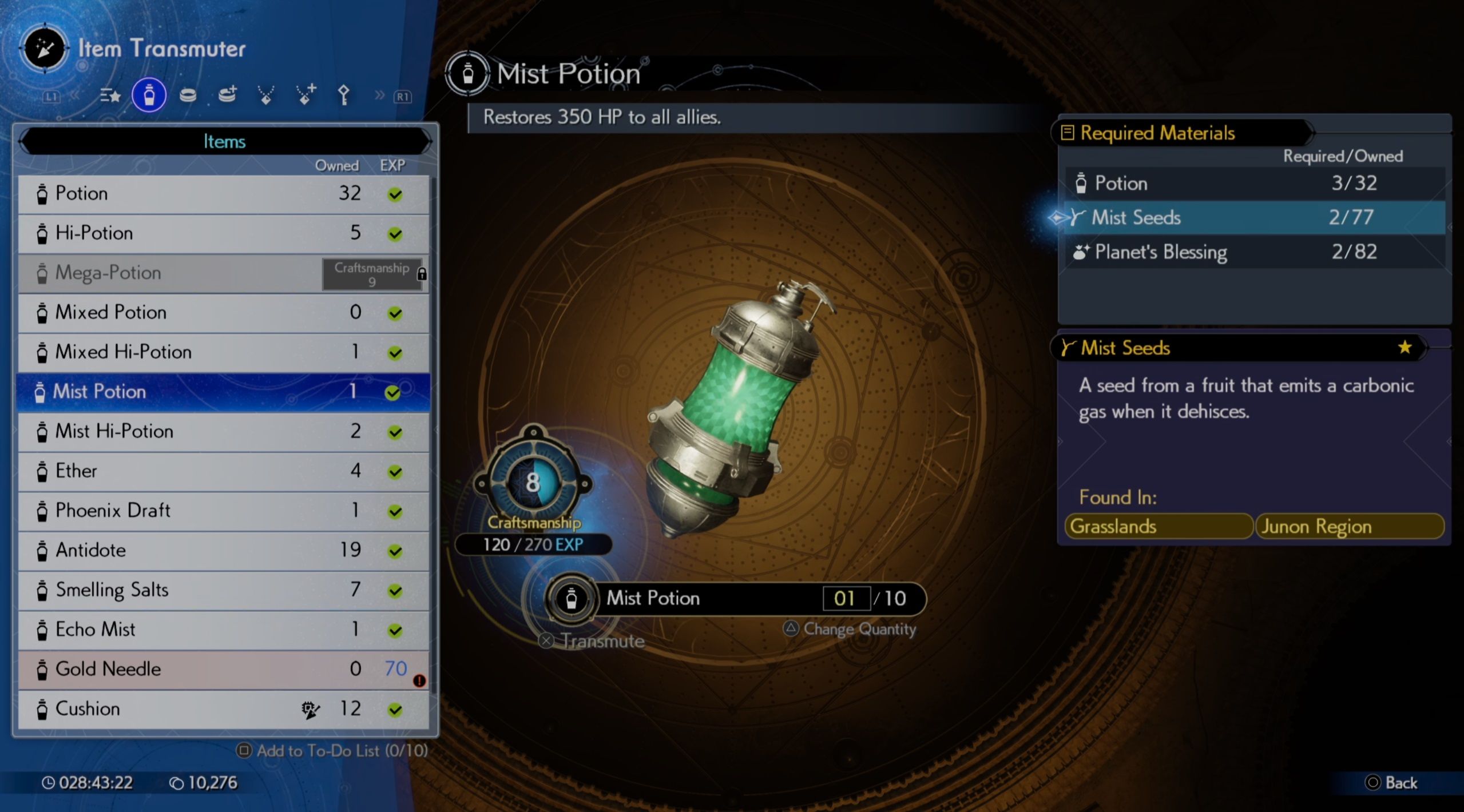 Mist Potion ingredients in the item transmuter in FF7 Rebirth