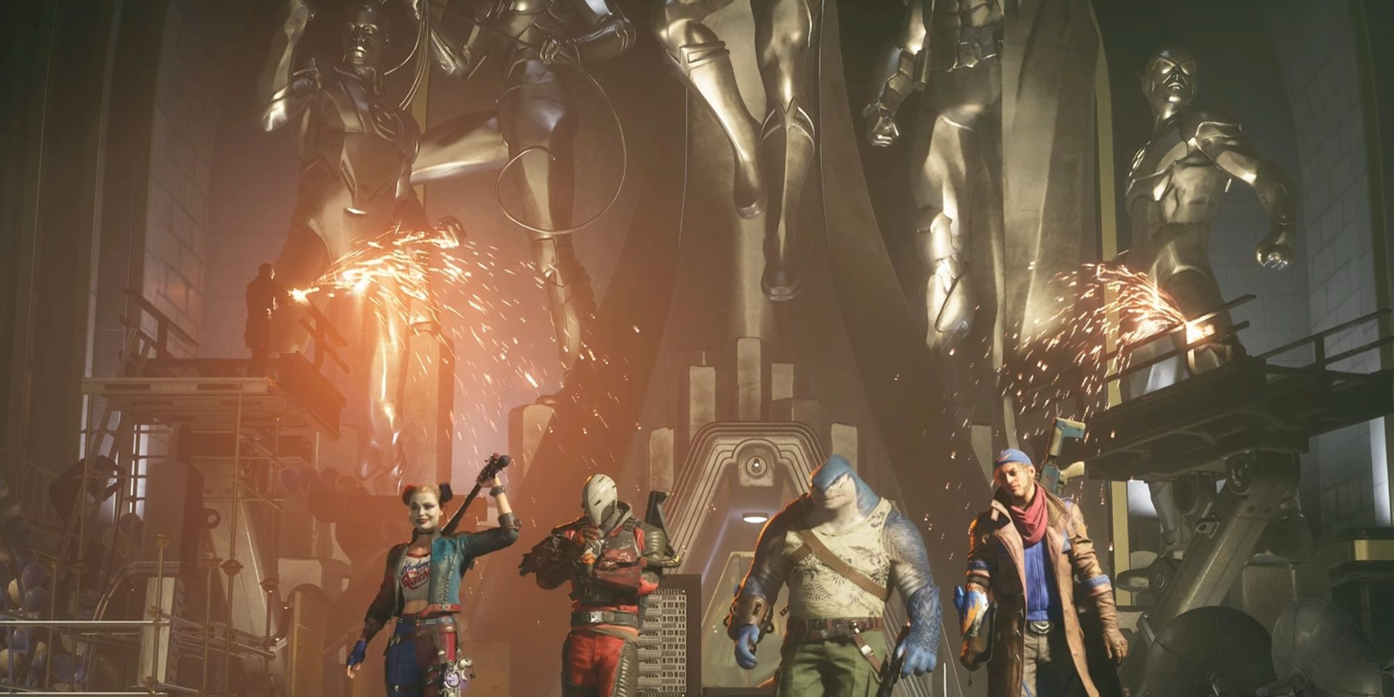 The montage scene of Harley, Deadshot, Boomerang, and King Shark walking into frame in front of Justice League statues.