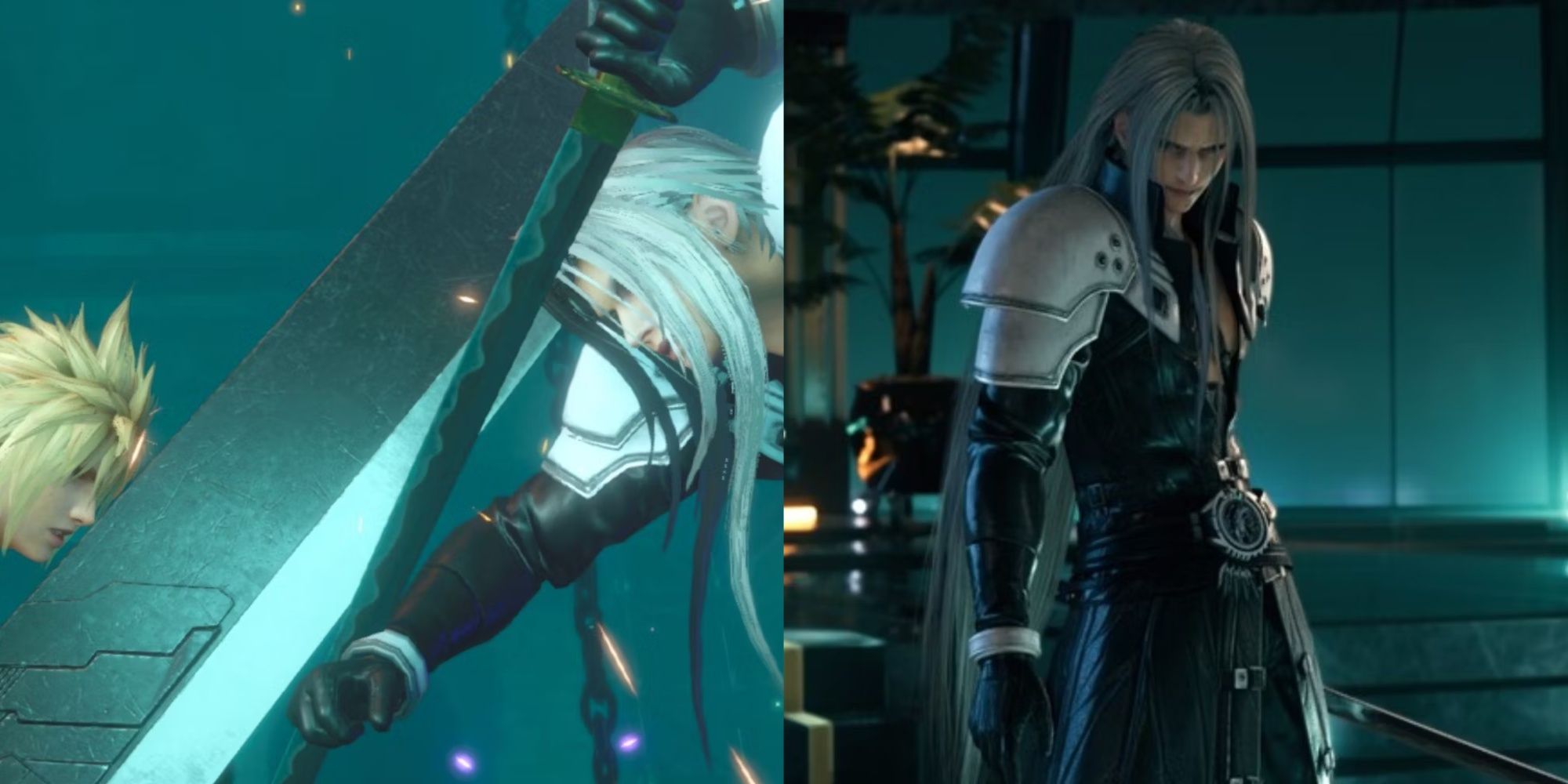 Cloud and Sephiroth clashing swords in Final Fantasy 7 Remake, and Sephiroth standing menacingly, left to right