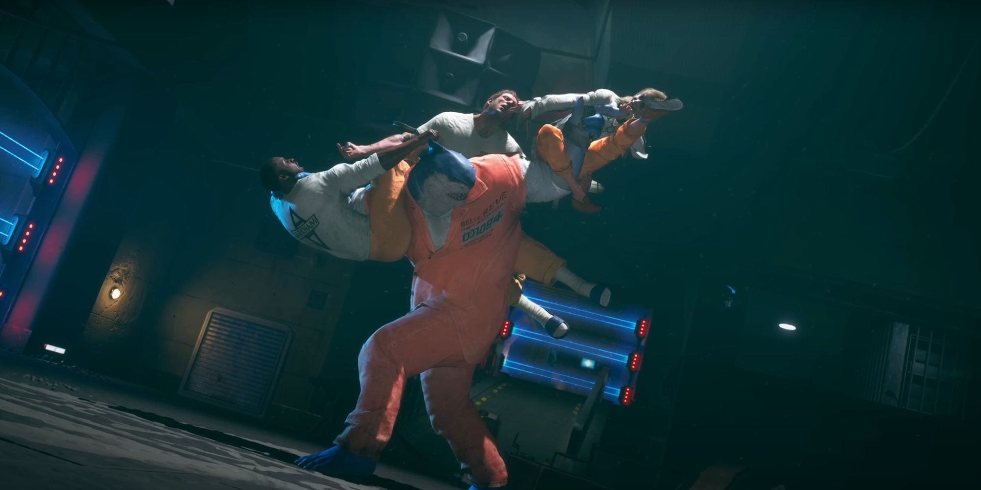 King Shark trying to pull Harley, Deadshot, and Captain Boomerang off of him as Harley is sticking her fingers in Boomer's mouth and Boomer shows Deadshot the finger.