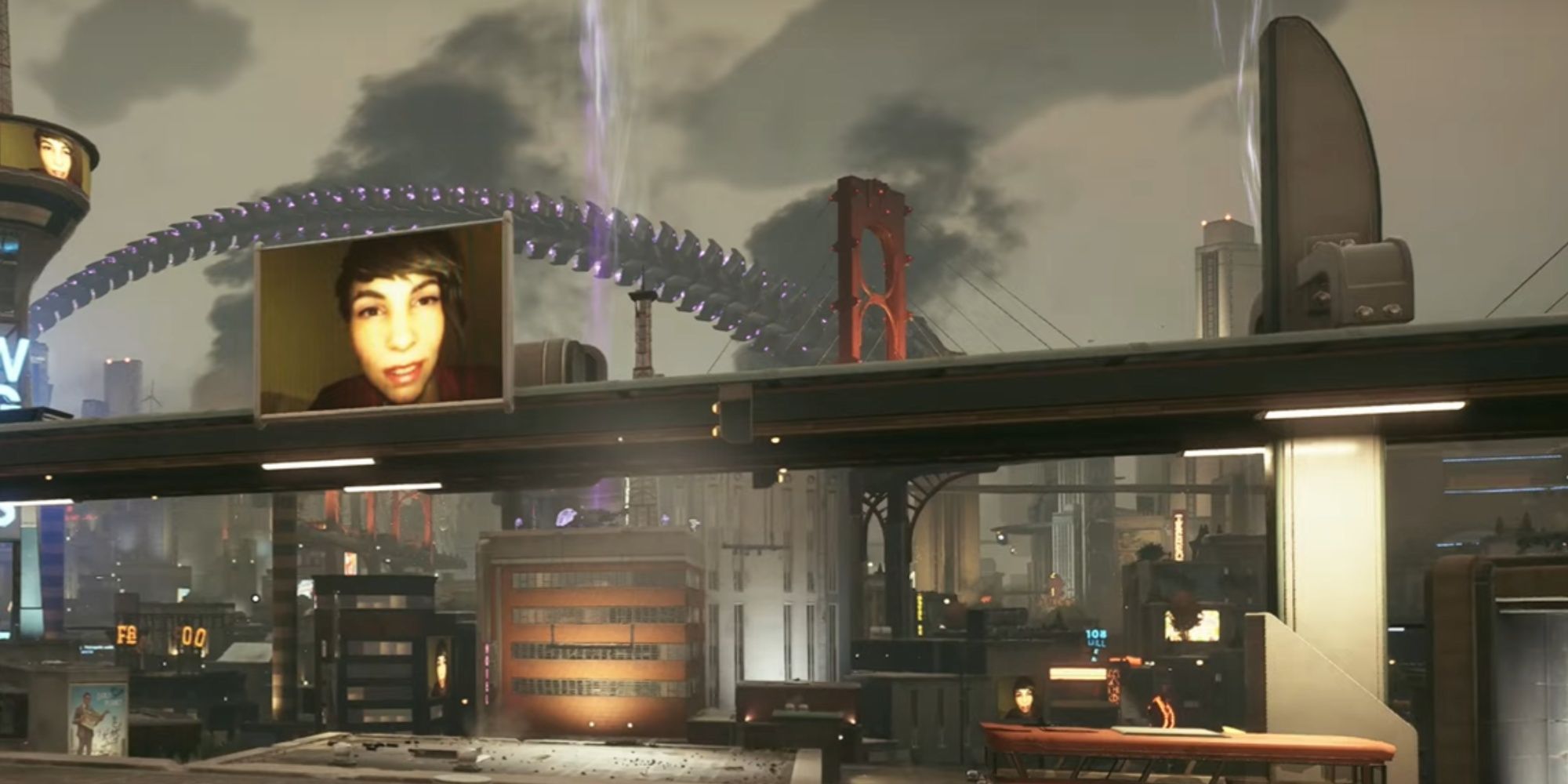 Lois Lane's face appearing on numerous TV screens across Metropolis' map as she televises a report.