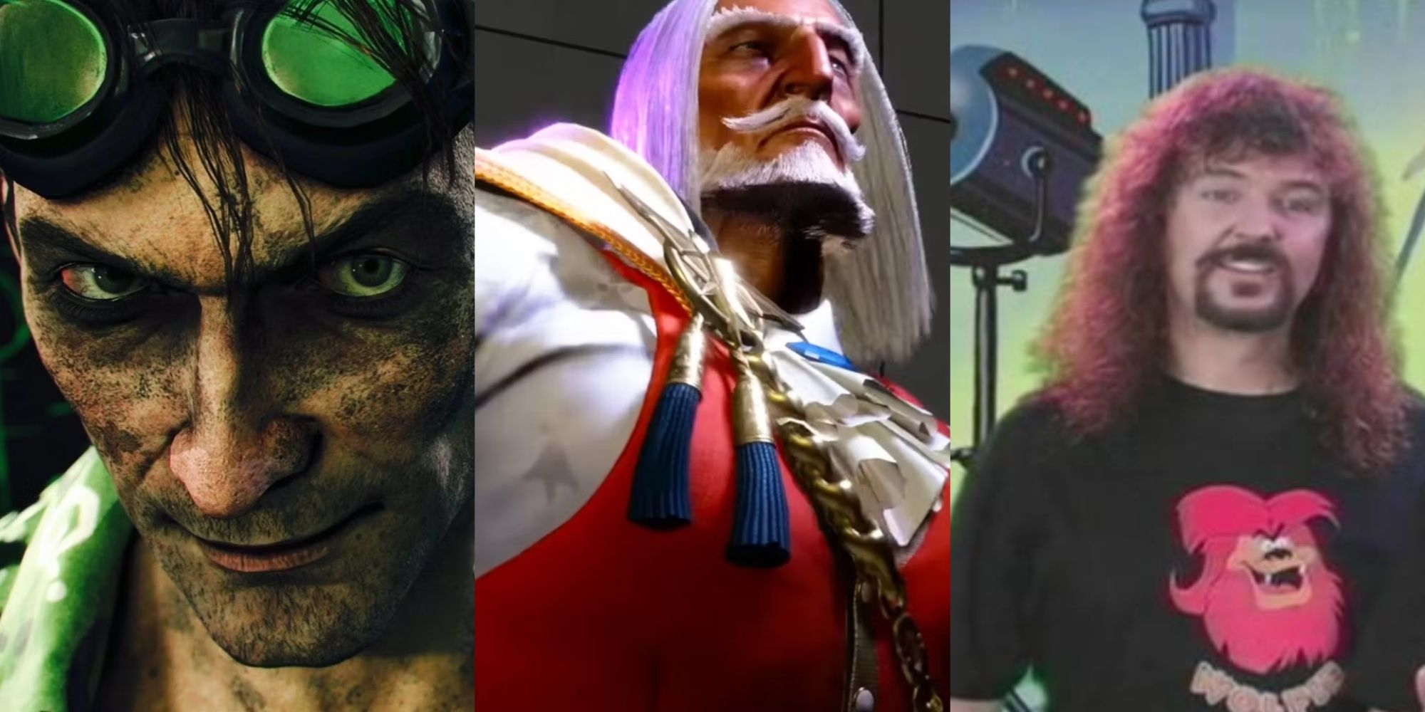Three-image collage of Riddler in Arkham Knight, JP in Street Fighter 6, and actor Wally Wingert.