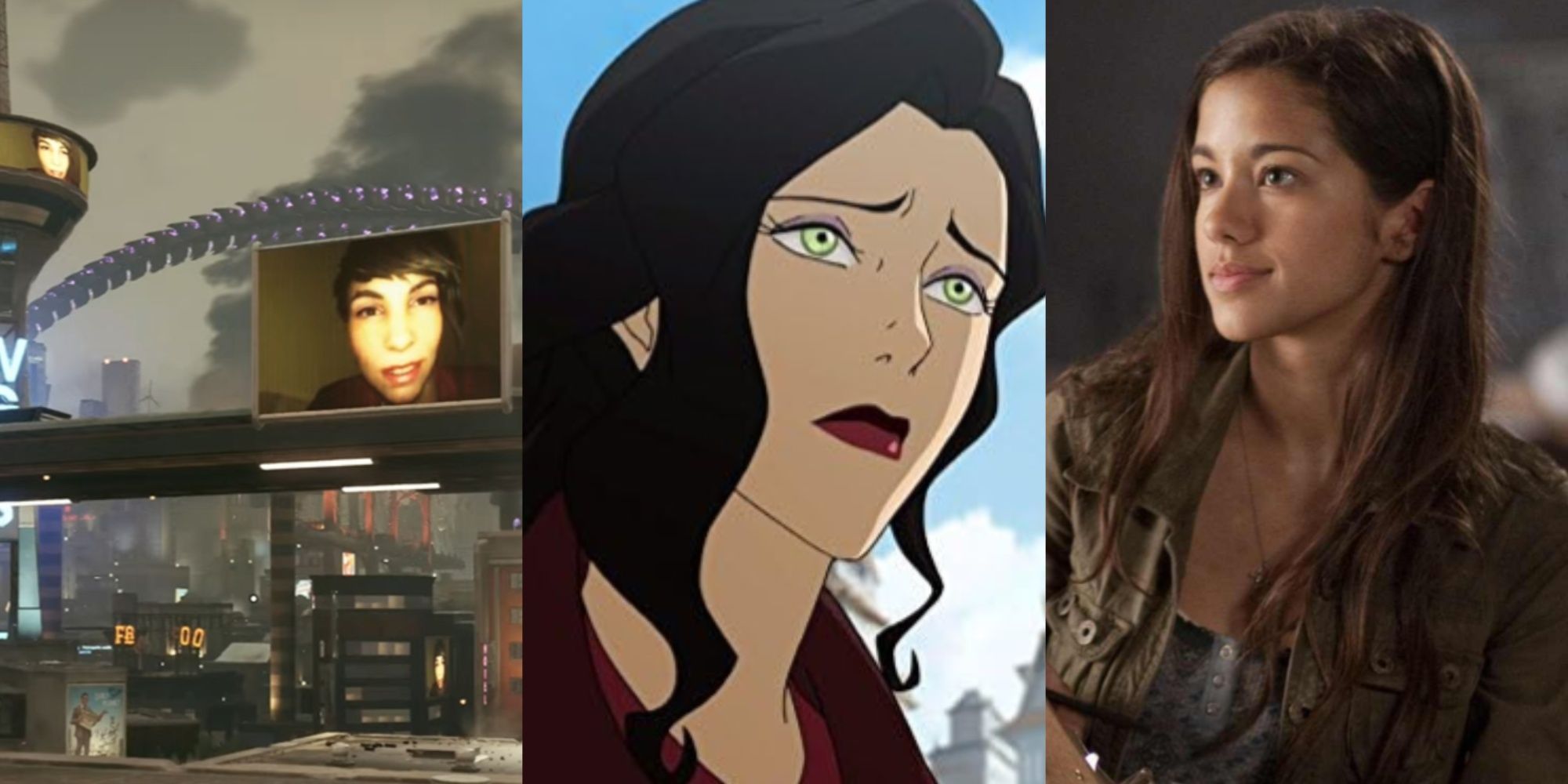 Three-image collage of Lois Lane appearing on multiple screens in Metropolis, Asami Sato in The Legend of Korra, and actress Seychelle Gabriel in Falling Skies.