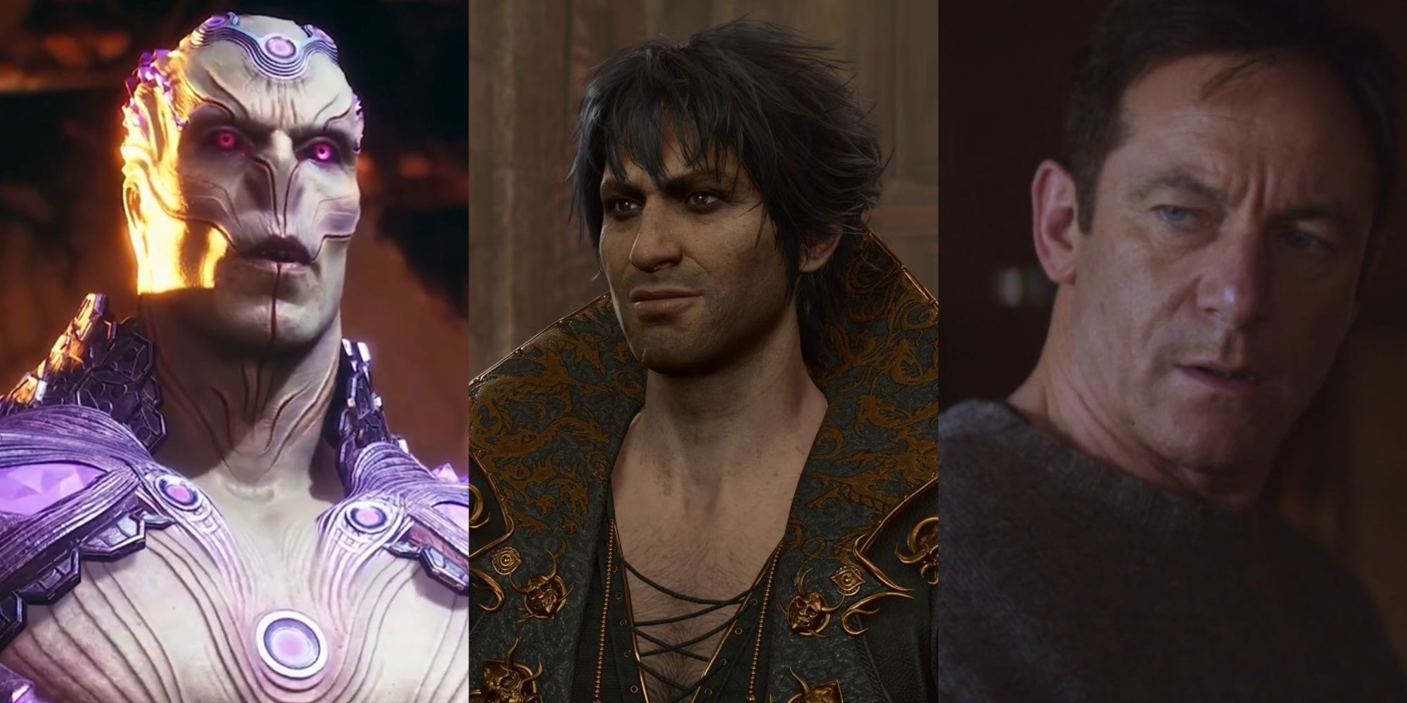 Three-image collage of Brainiac in Kill the Justice League, Enver Gortash in Baldur's Gate 3, and actor Jason Isaacs in The OA.