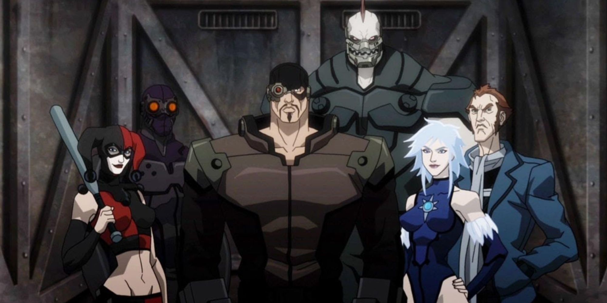 Harley Quinn in a jester outfit and bat, Black Spider, Deadshot, King Shark, Killer Frost, and Captain Boomerang.