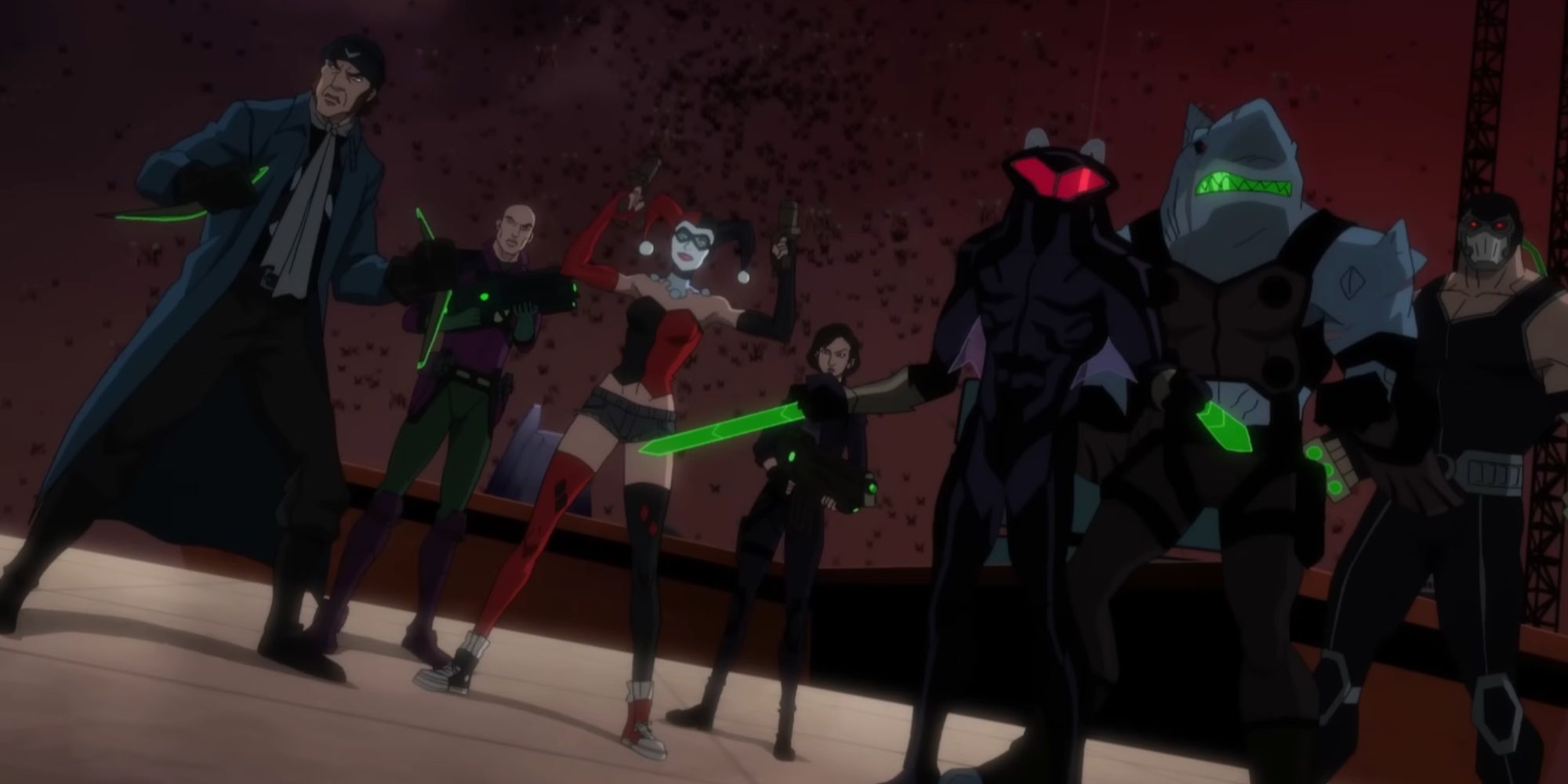 Lex Luthor and Lois Lane behind Captain Boomerang, Harley Quinn, Black Manta, Bane, and King Shark who have Kryptonite weapons.