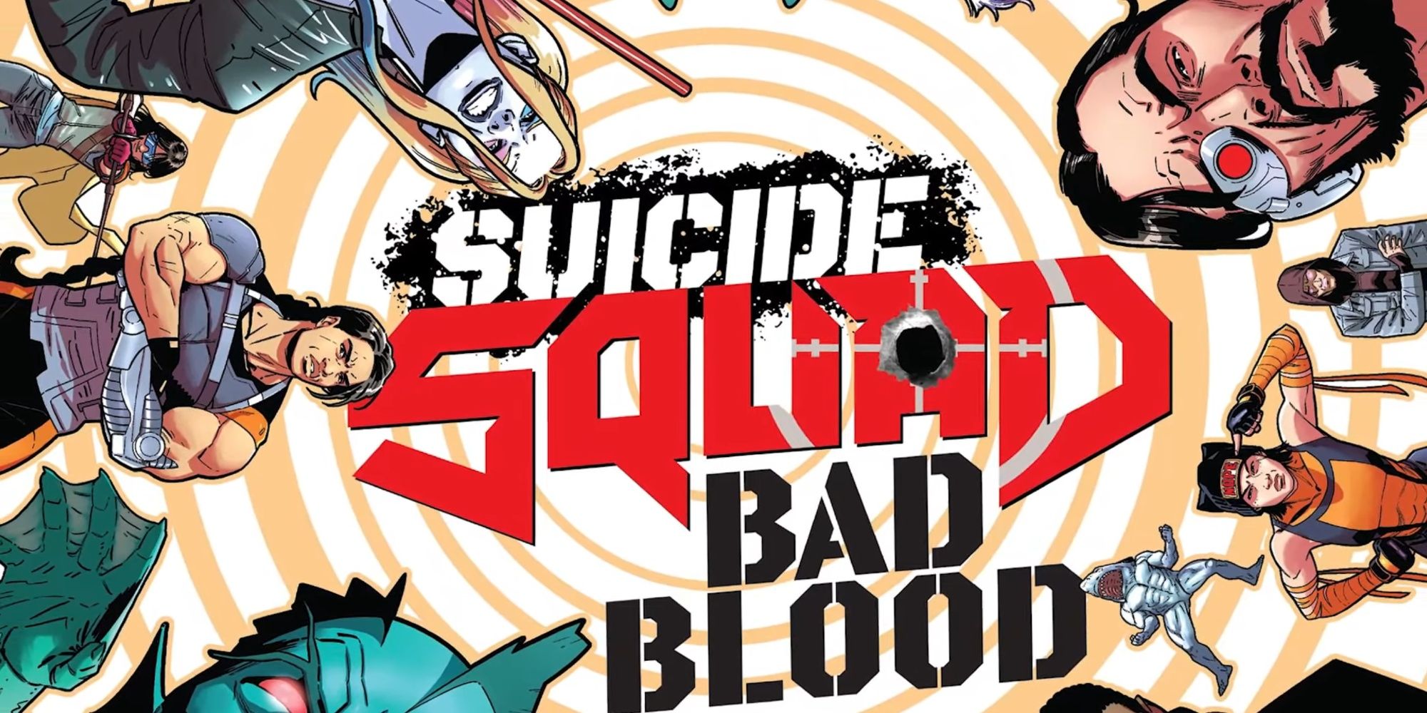 Harley Quinn, Deadshot, Shark, and the many new characters of the Revolutionaries surrounding the comic title amid an orang spiral background.