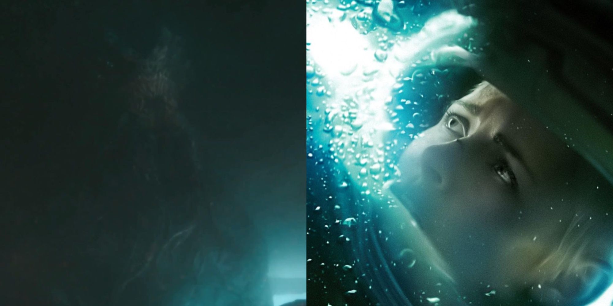 Split-image of the Cthulhu monster in the dark underwater depths and a close up of Kristen Stewart's face in the diving suit.