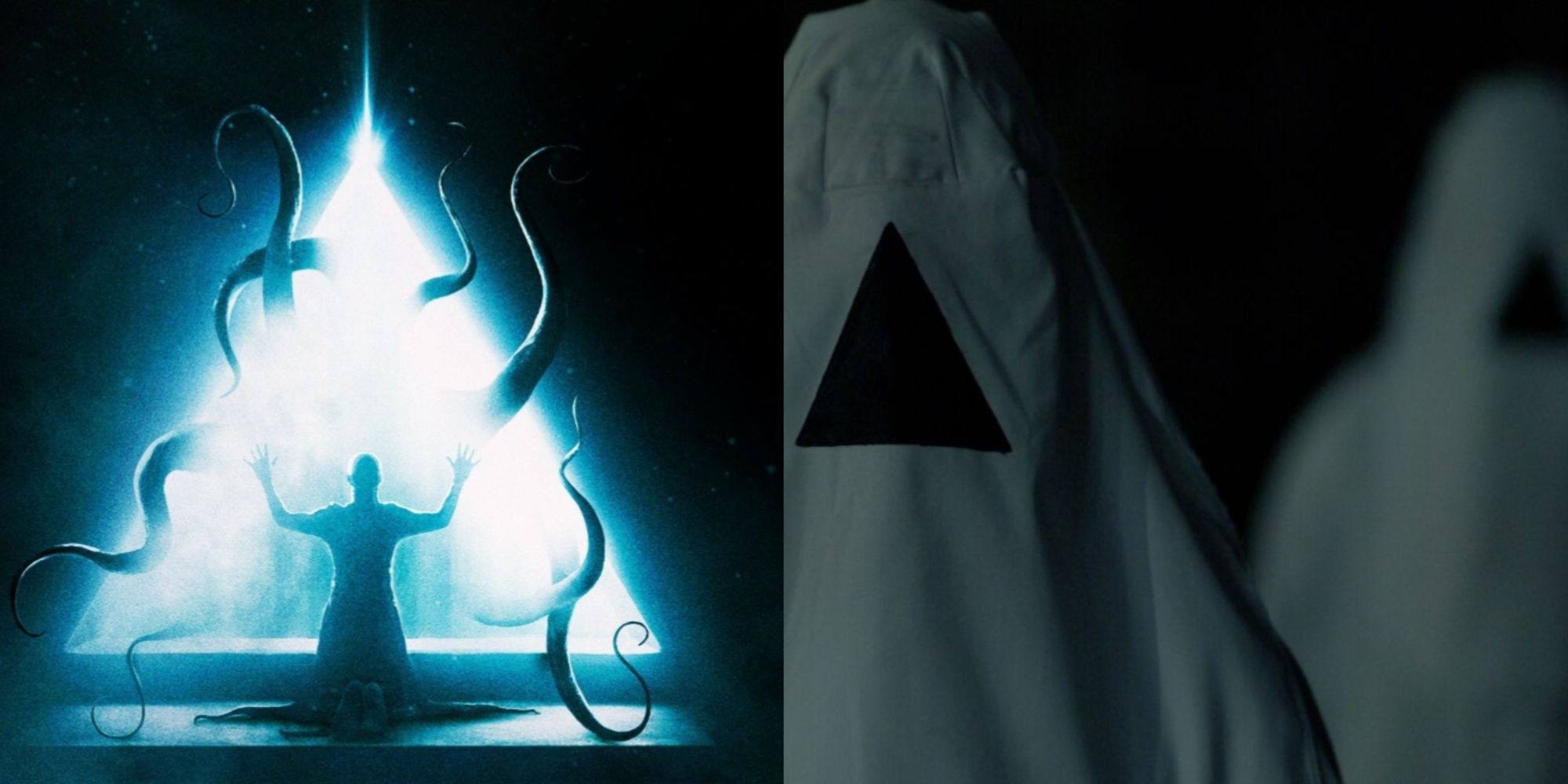 Split-image collage of the main cover art of The Void with the antagonist opening a triangular portal with tentacles emerging, and ominous cultitsts covered in white robes with the same triangle mark concealing their faces.