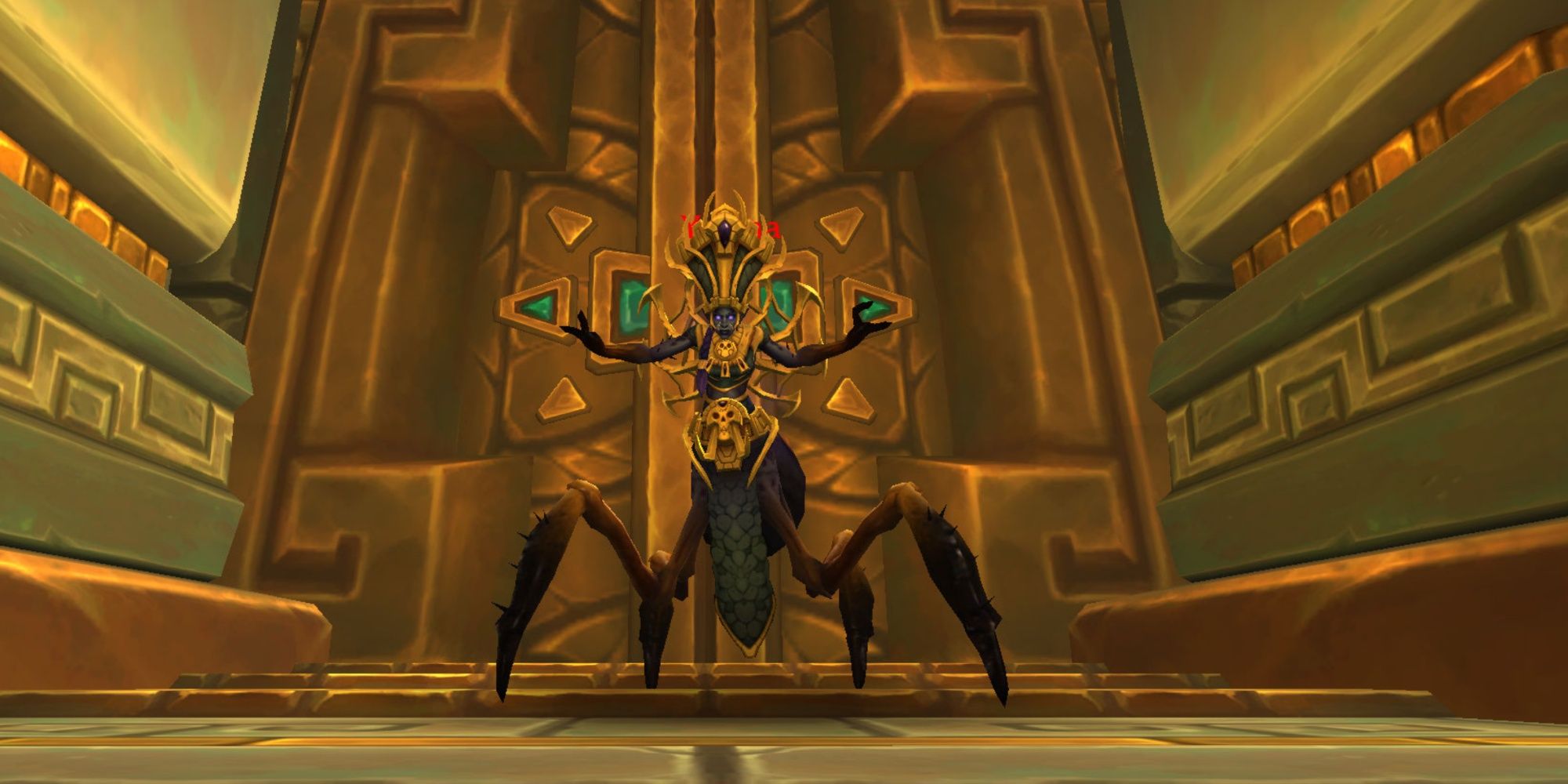 A giant, spider-like being dressed in yellow Aztec garments