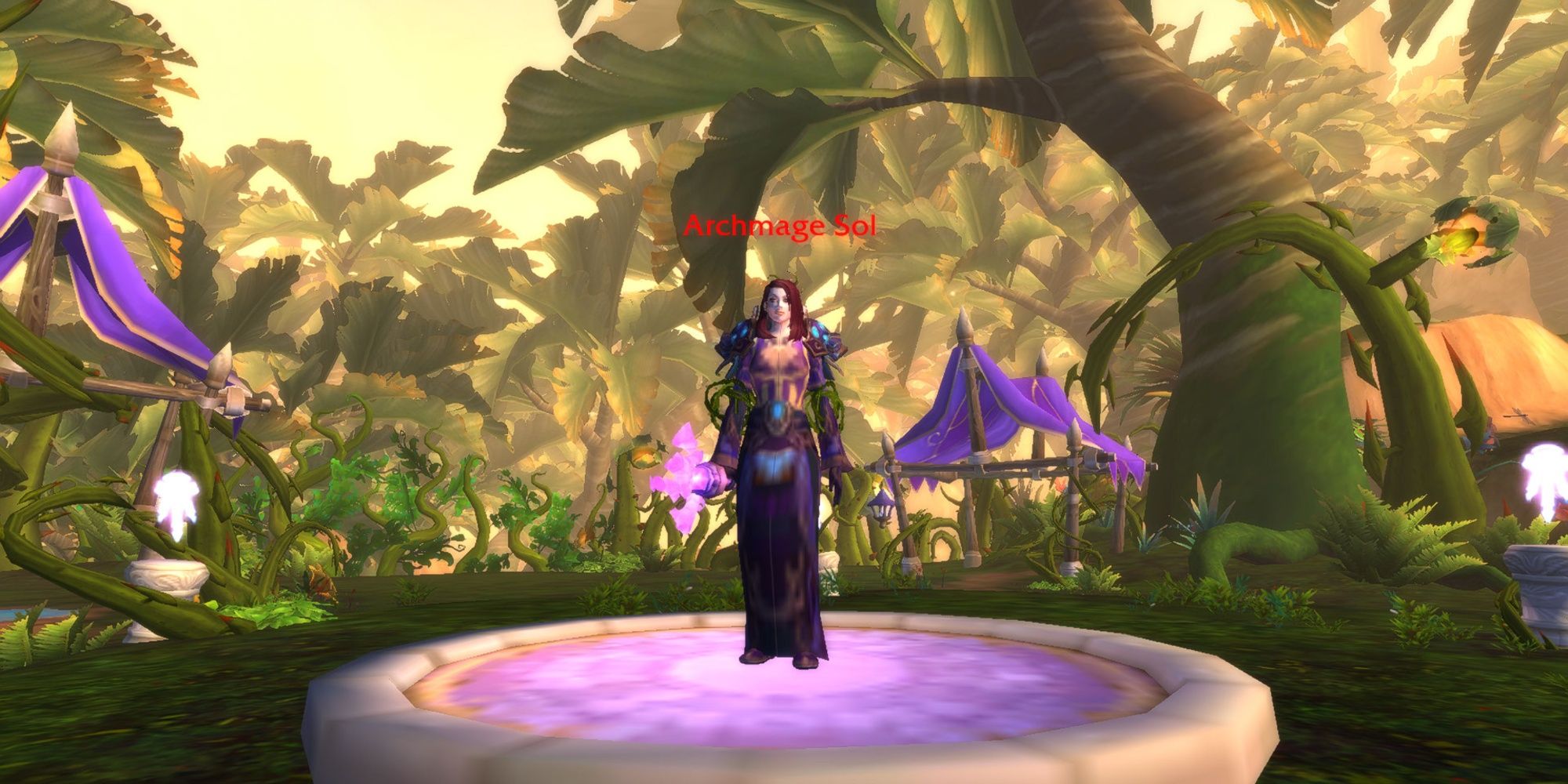 A red-haired mage standing in a corrupted forest in World of Warcraft