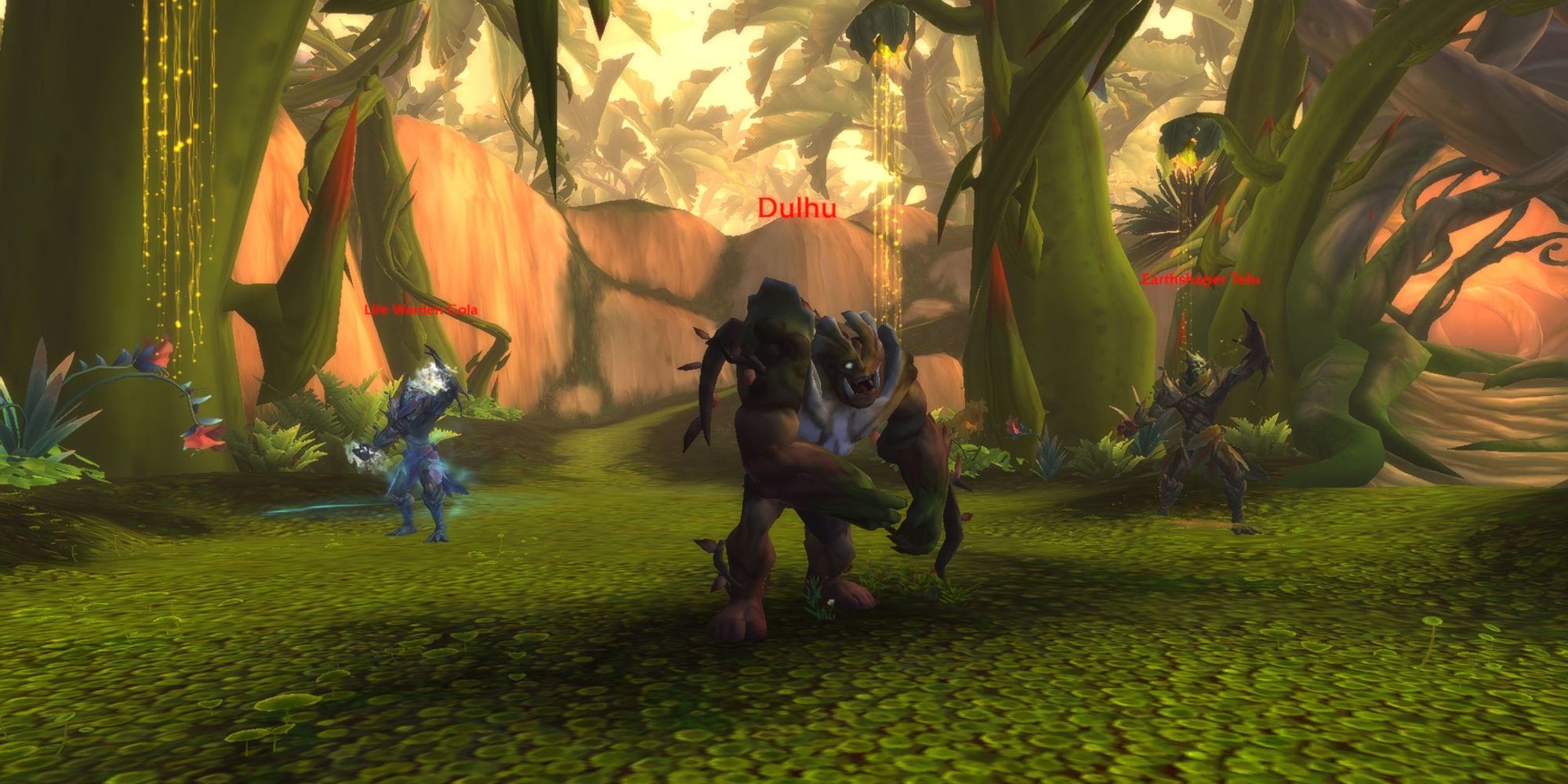 Two intimidating shamans backed up by their elemenal in World of Warcraft
