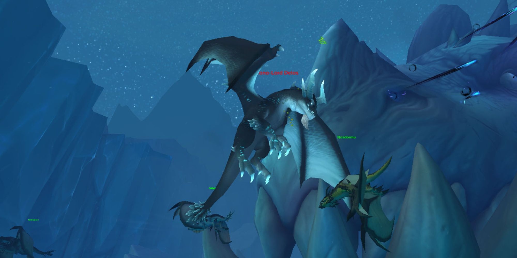 A bllue dragon hovering above a frigid wasteland