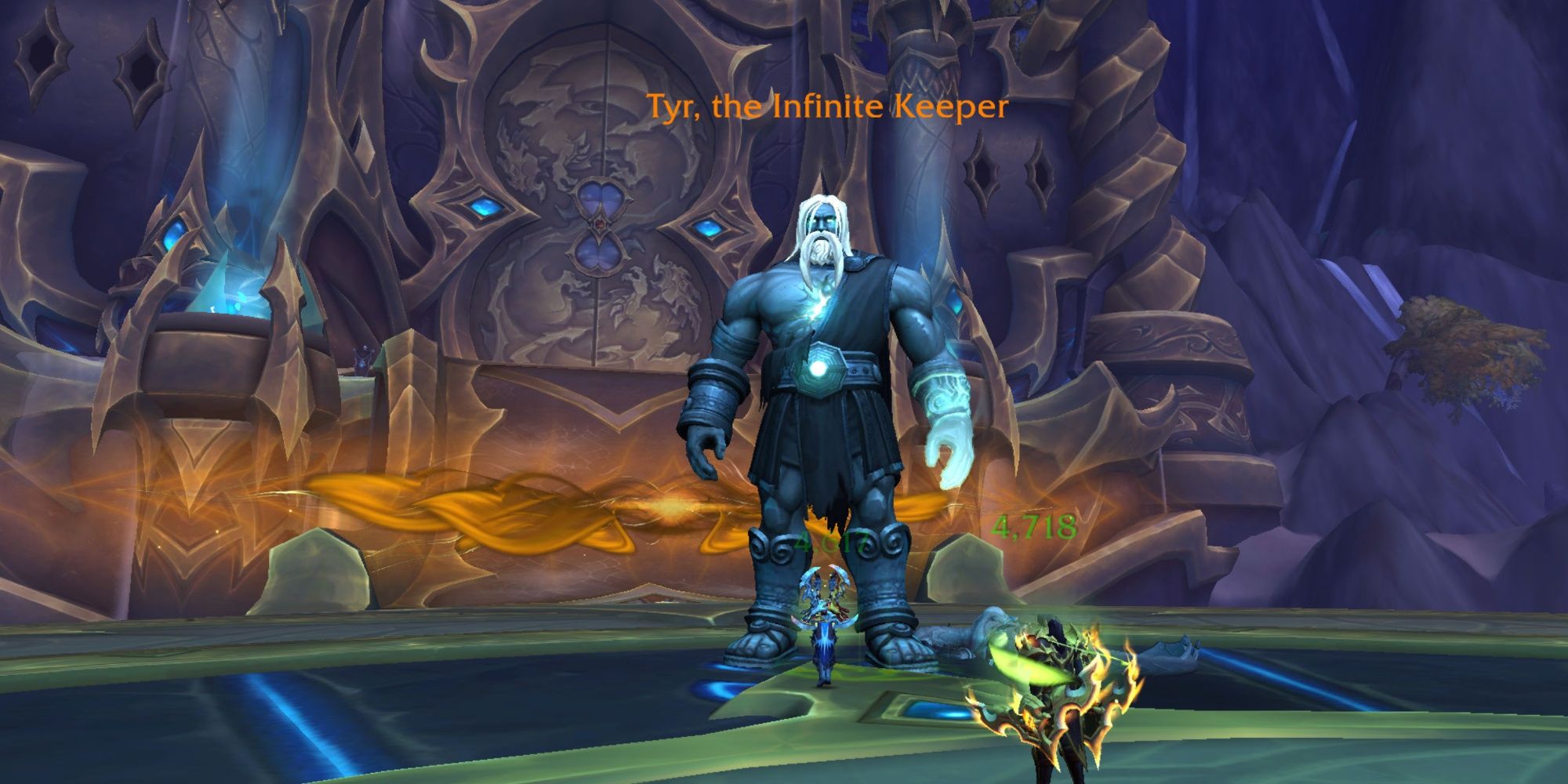 A bearded, blue titan guarding a large gate in World of Warcraft