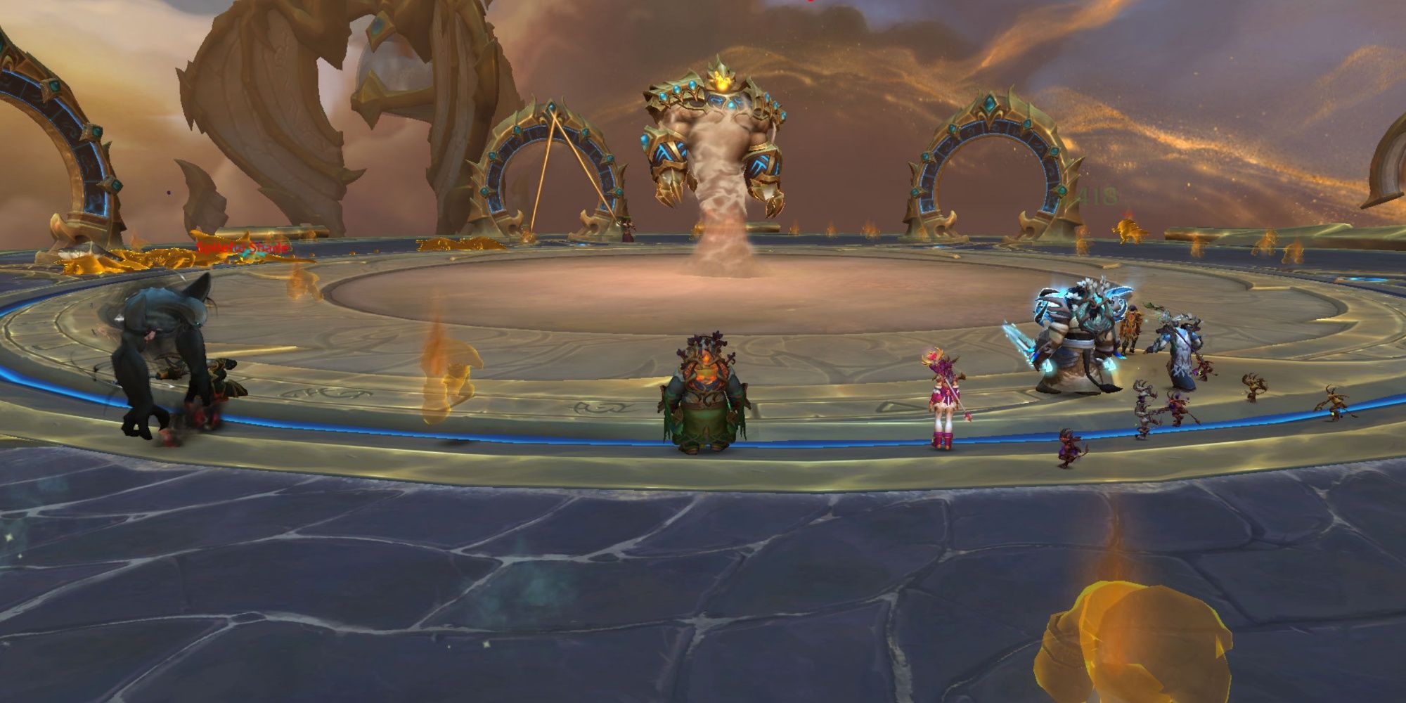 A party of heroes standing across a being made of sand