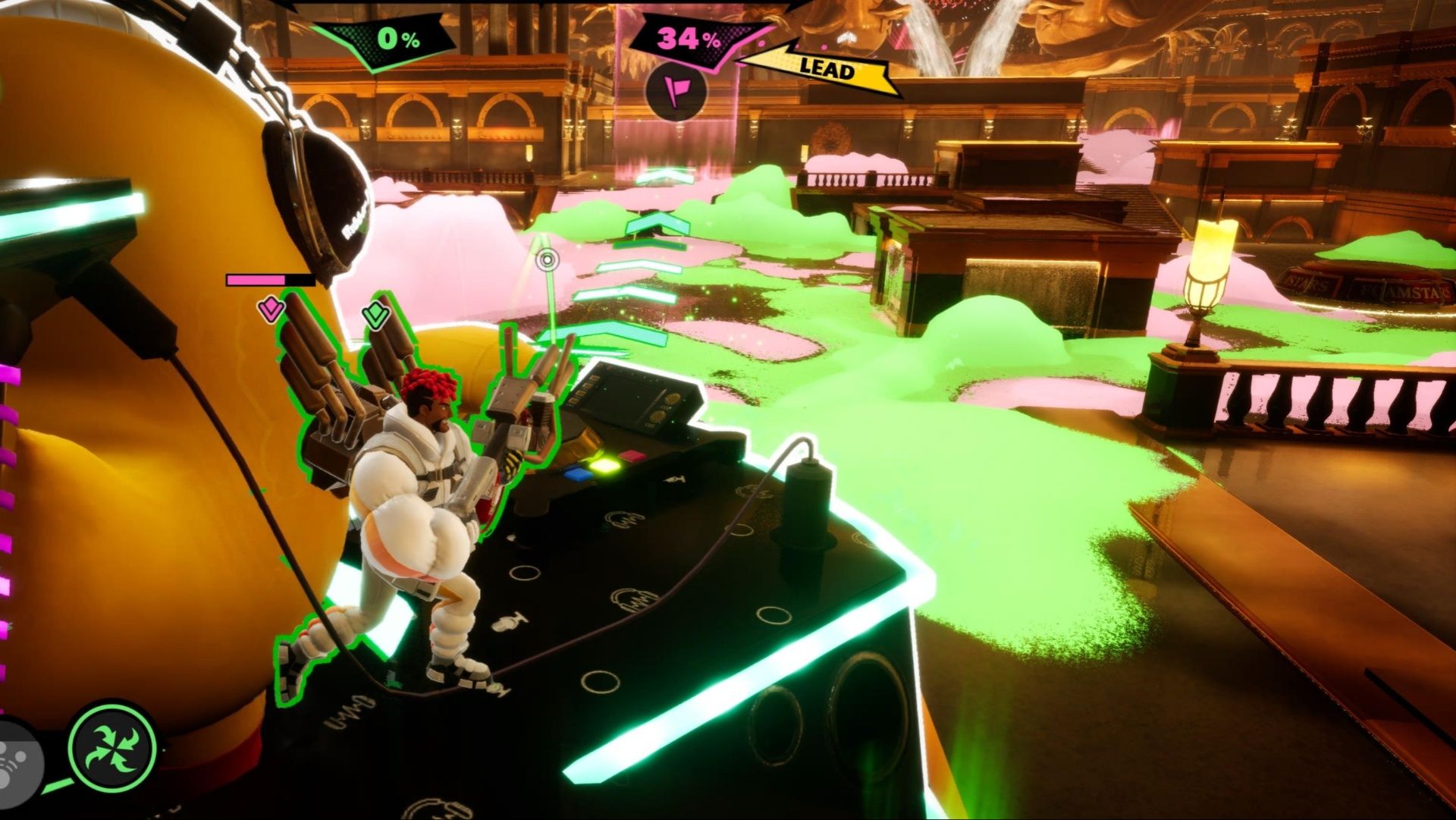 Jet Justice standing on the duck to push his team's advantage in Foamstars.