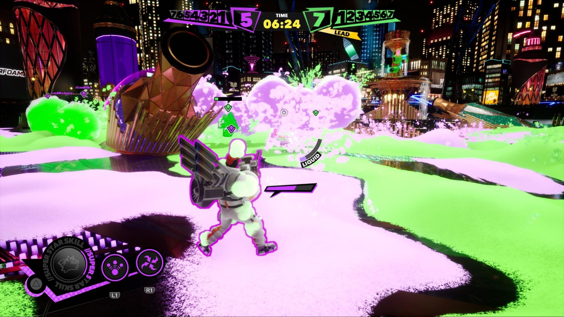 Jet Justice flanking to the side in an attempt to defeat some foes in Foamstars.