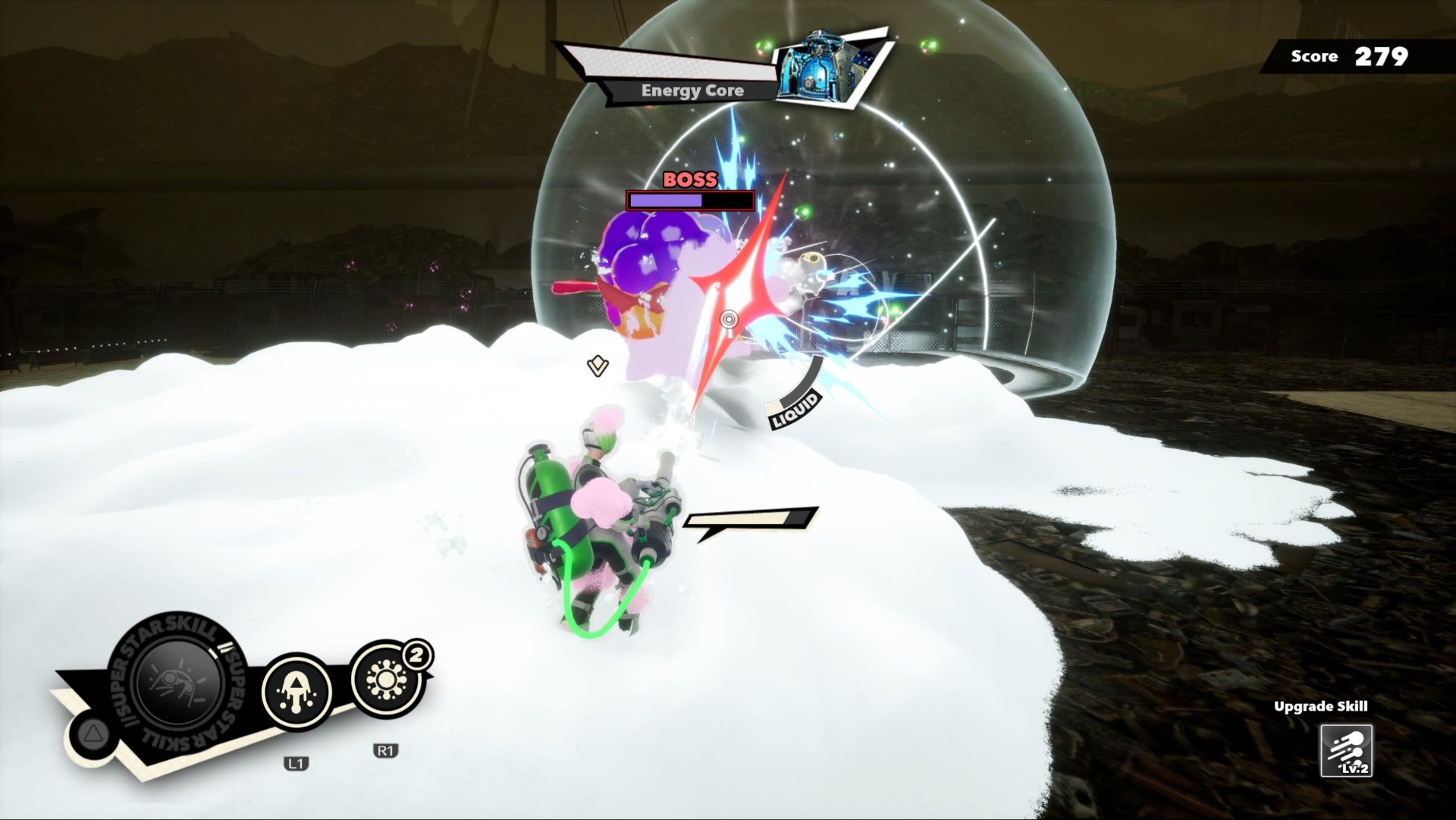 Rave Breaker fighting the first boss in his Mission Mode level in Foamstars.