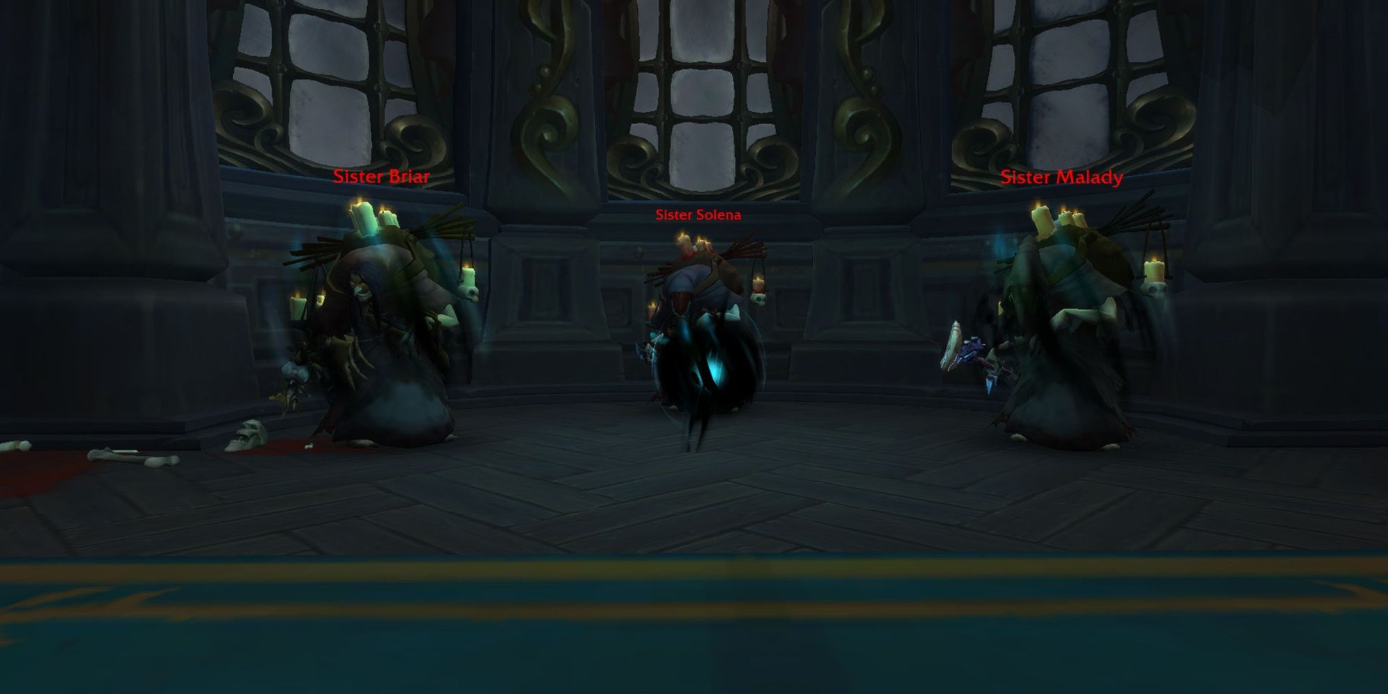 Three witches gathered around a dark orb in World of Warcraft