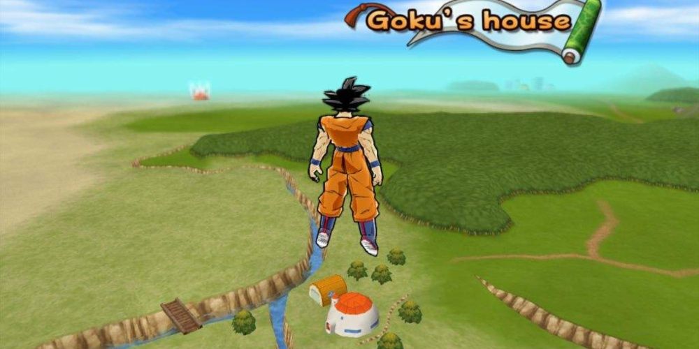 Goku flies above world map