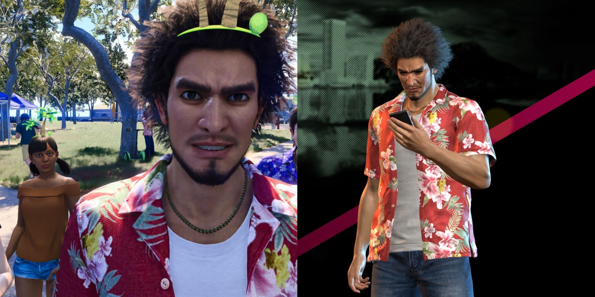 Split image featuring Kasuga taking a selfie with a palm tree filter on it with an Aloha Link friend and Kasuga checking his phone against a black background in Like A Dragon: Infinite Wealth.