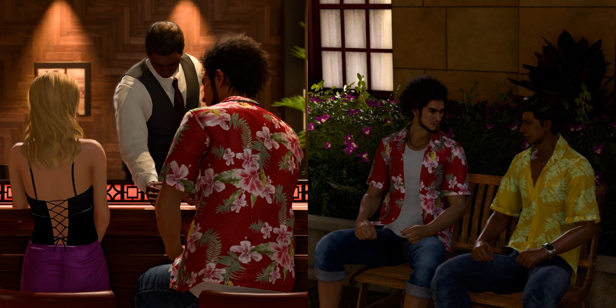 Split image featuring a blonde woman in a pink dress and Kasuga drinking together at a bar and then Kasuga and a man in a yellow shirt talking together on a bench in Like A Dragon: Infinite Wealth.