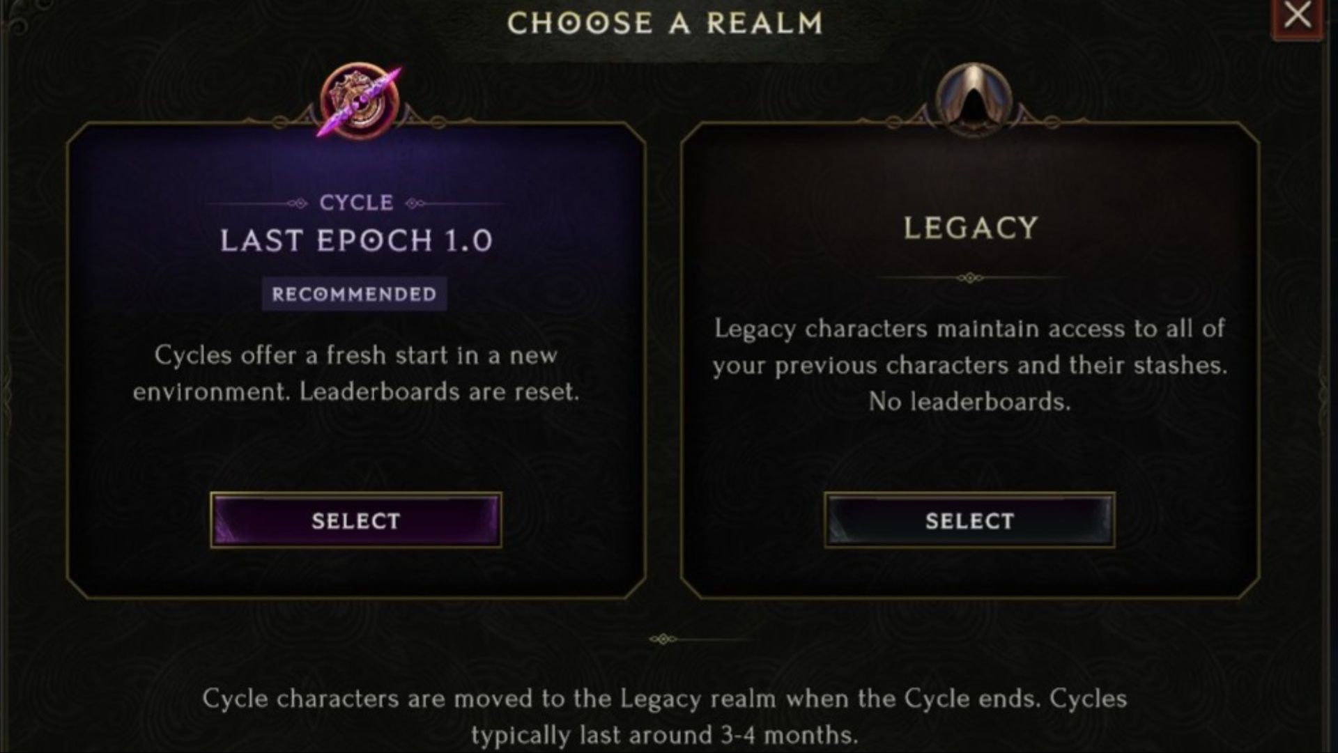Two selectable realms during character creation, including the cycle and legacy realms in Last Epoch.