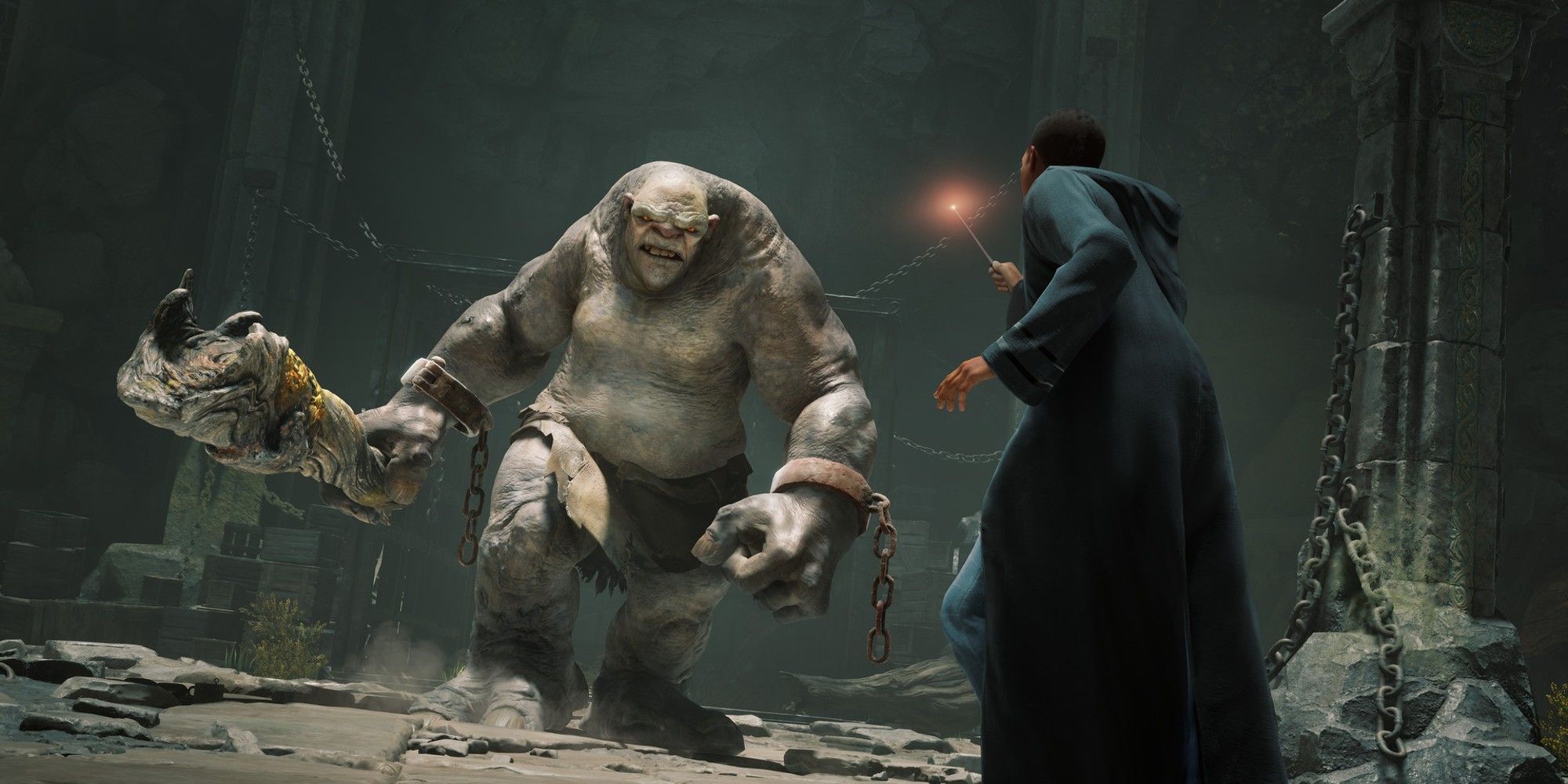 A troll charging towards a Hogwarts student.