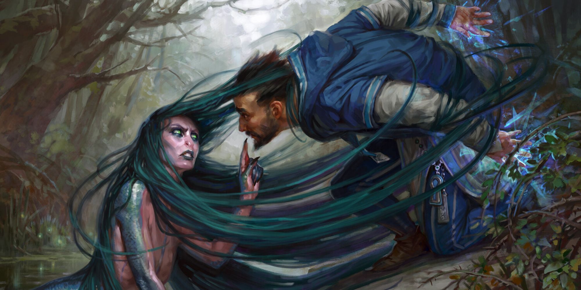 siren or mermaid argues with mage