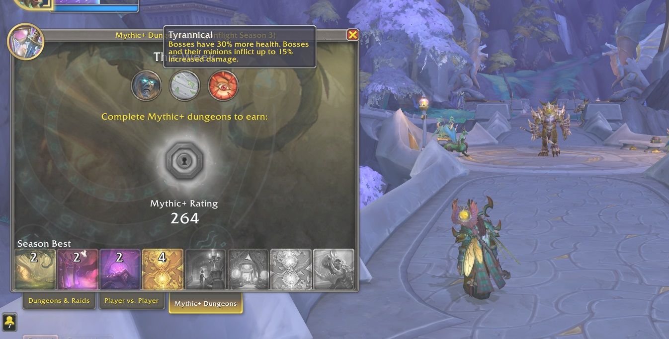Mythic+ Dungeon menu tab showing the description of the Tyrannical affix