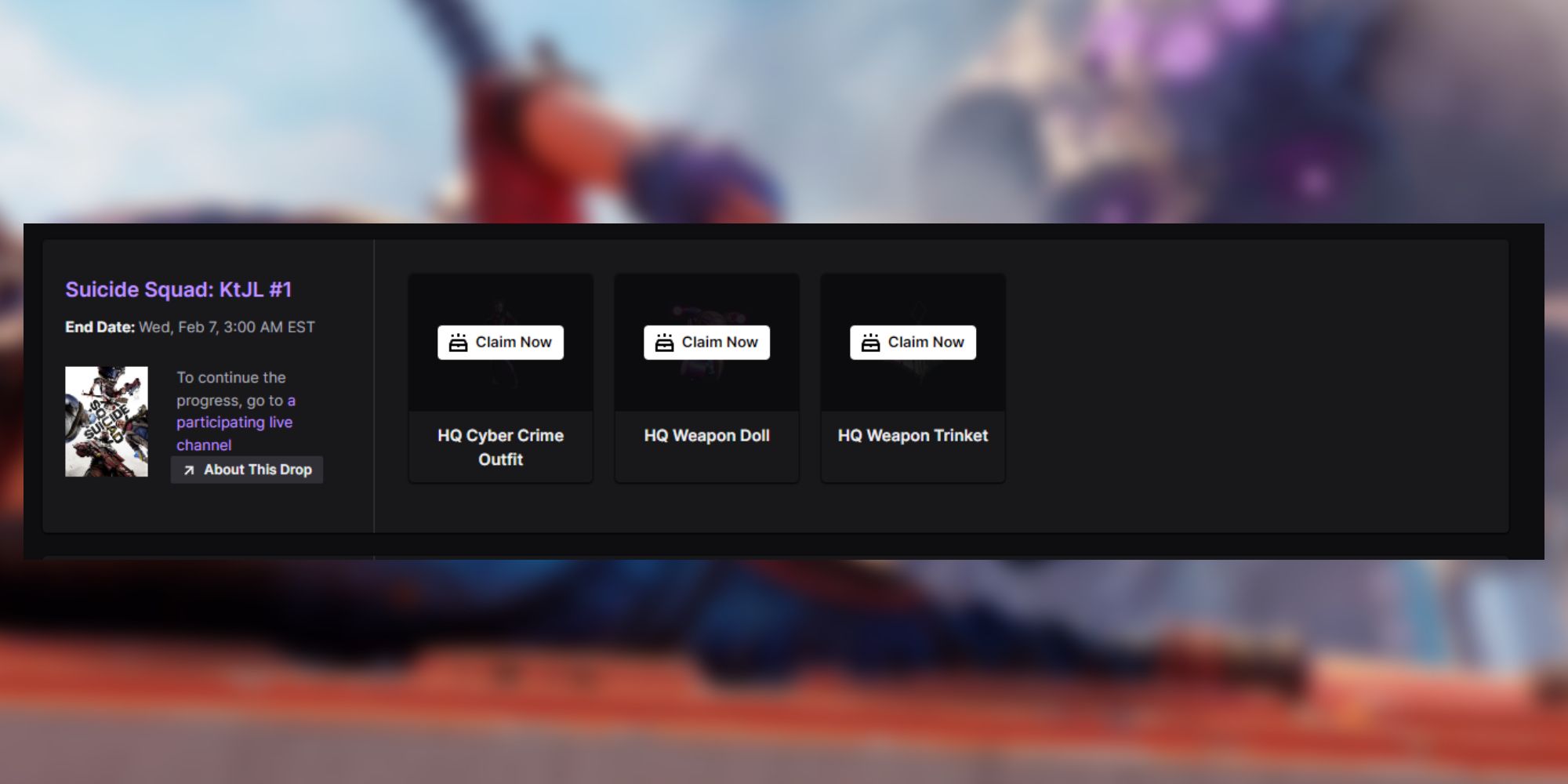 A menu showing you can claim certain rewards for Twitch Drops.