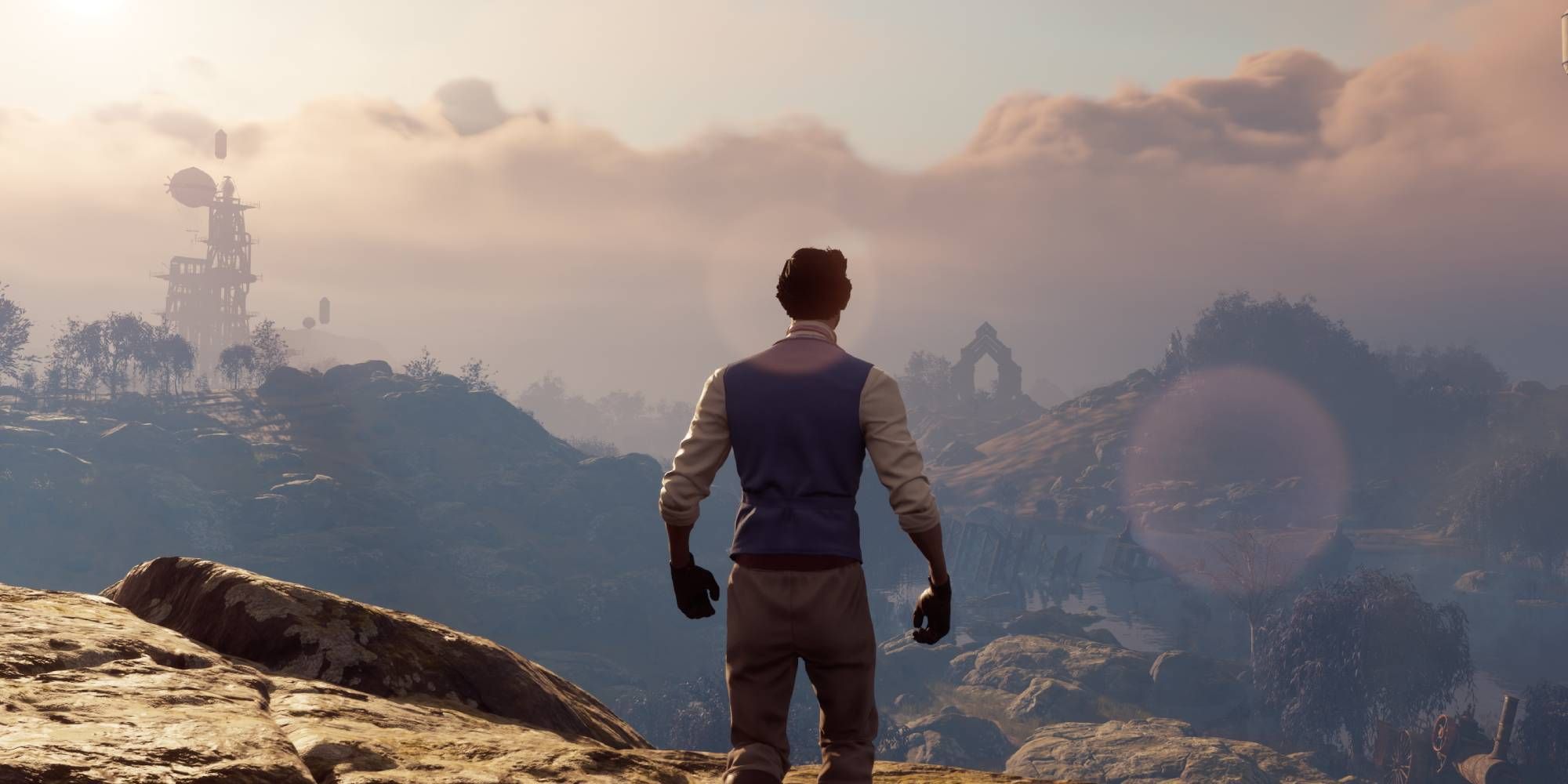 Nightingale character on a cliff looking over ruins, a lake, and the sky
