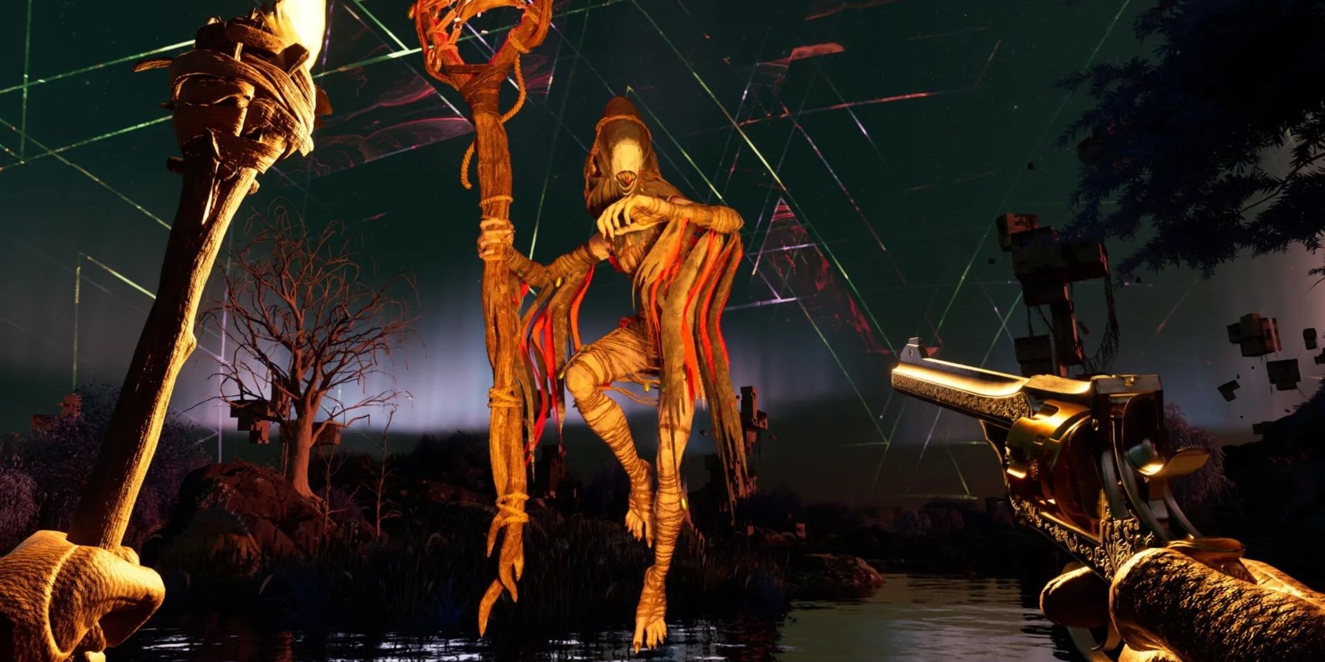 nightingale player shooting a monster with a revolver at night while holding a torch