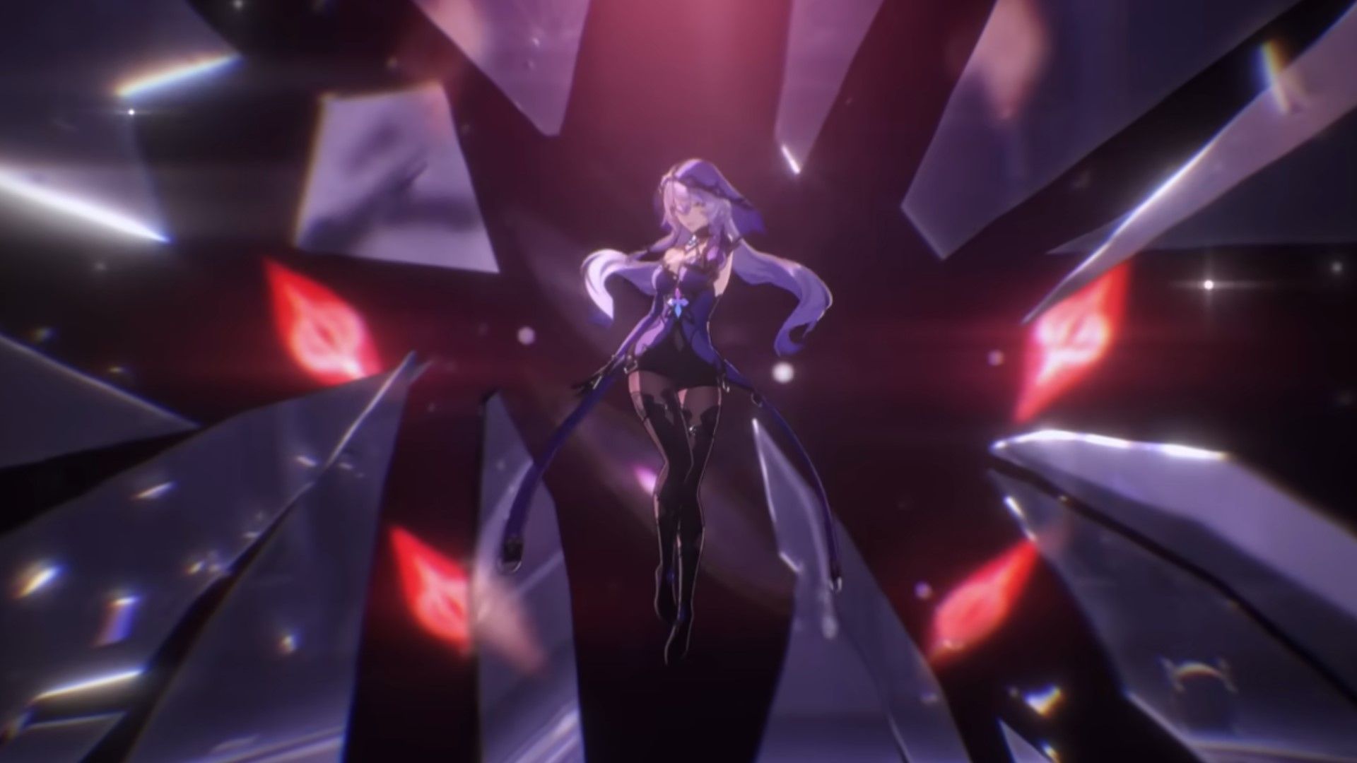 Black Swan floats behind shattered glass and red eyes in Honkai Star Rail.