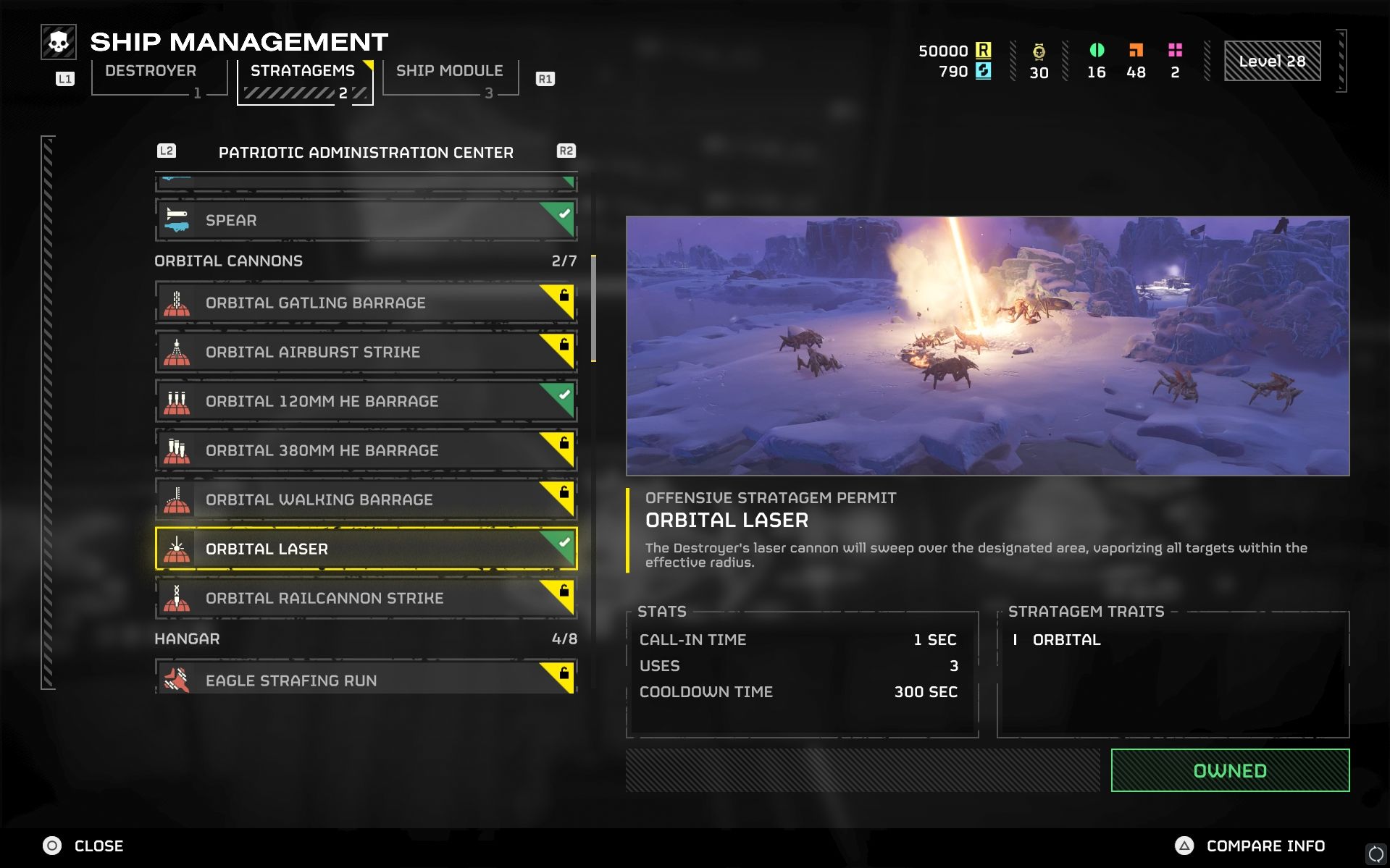 Orbital Laser buying menu screen in Helldivers 2