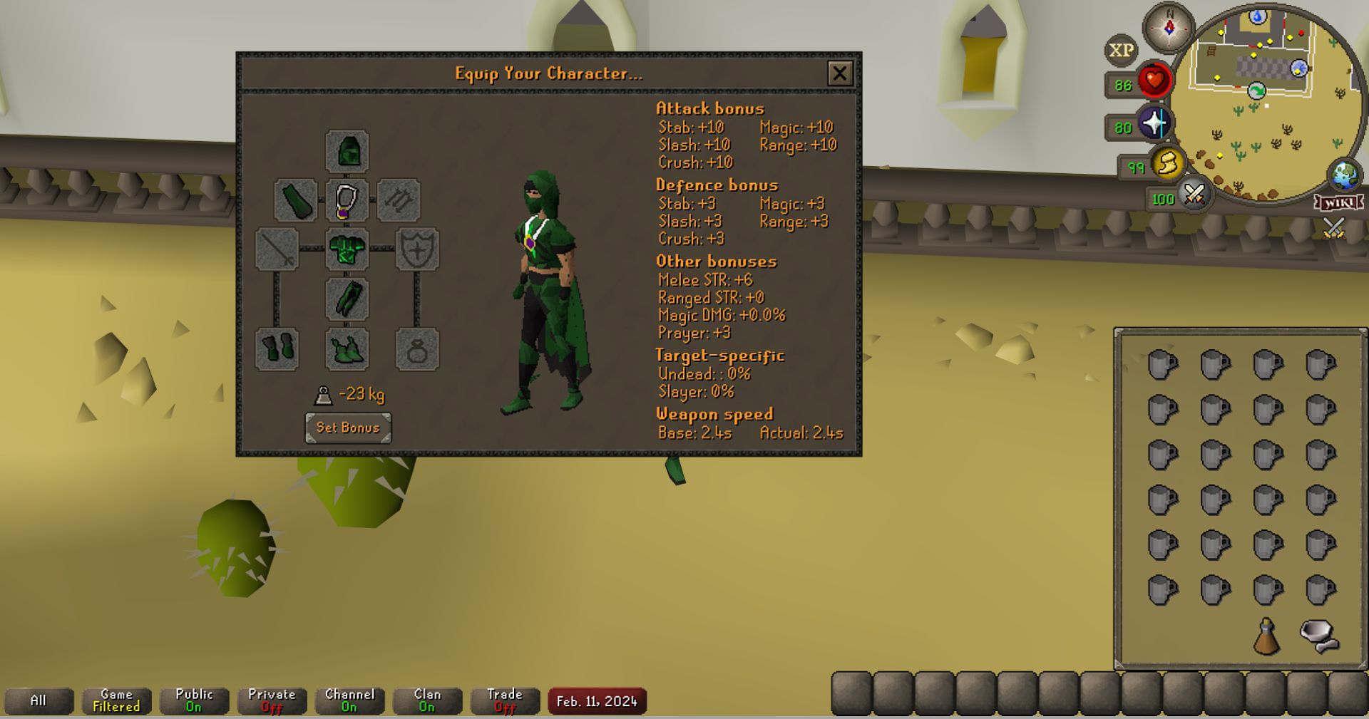 Equipment and inventory HUD of a player wearing the full Graceful outfit.