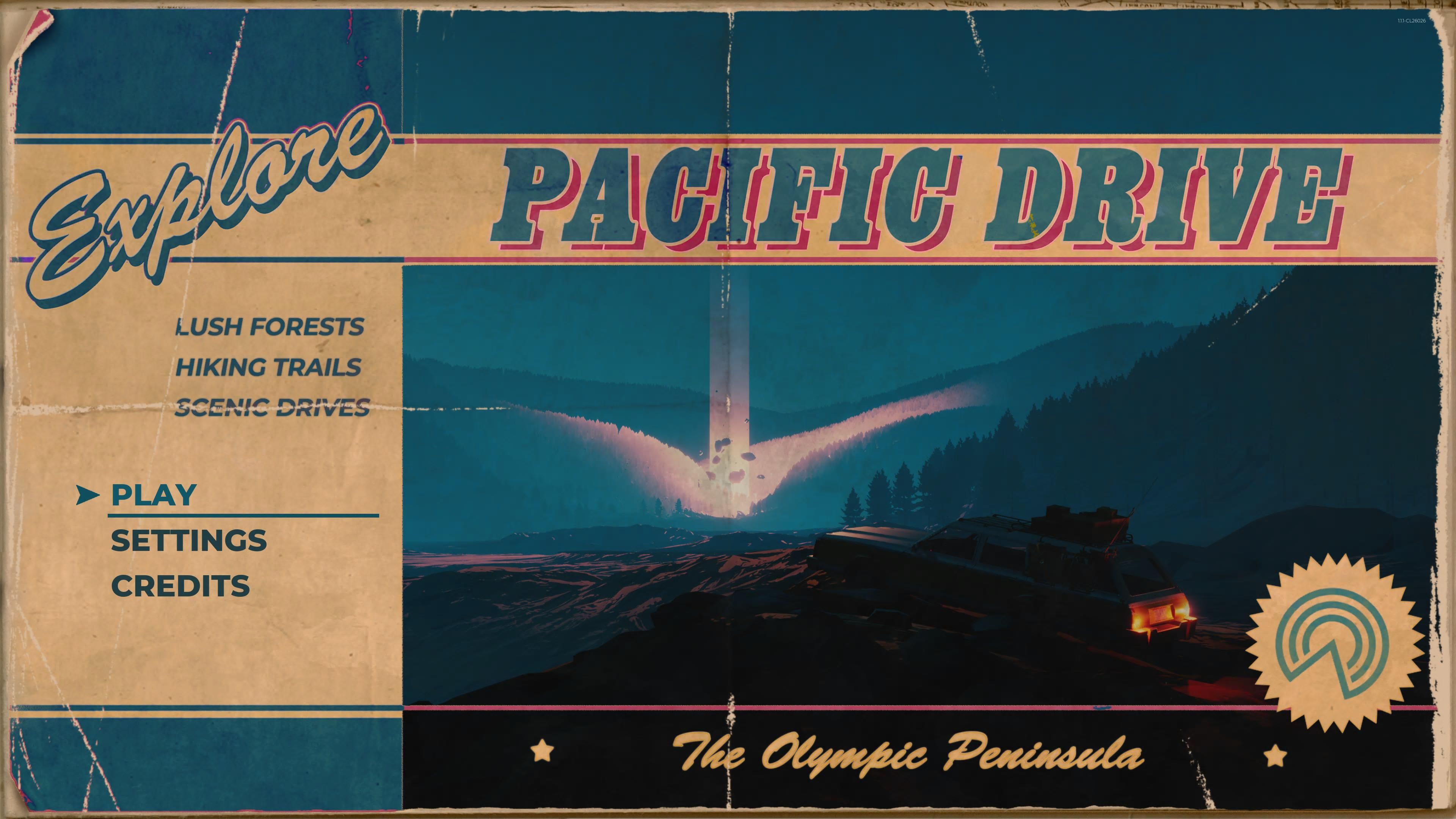 Pacific Drive's title screen, with paper texture. Styled like a folded and well-loved pamphlet for tourists