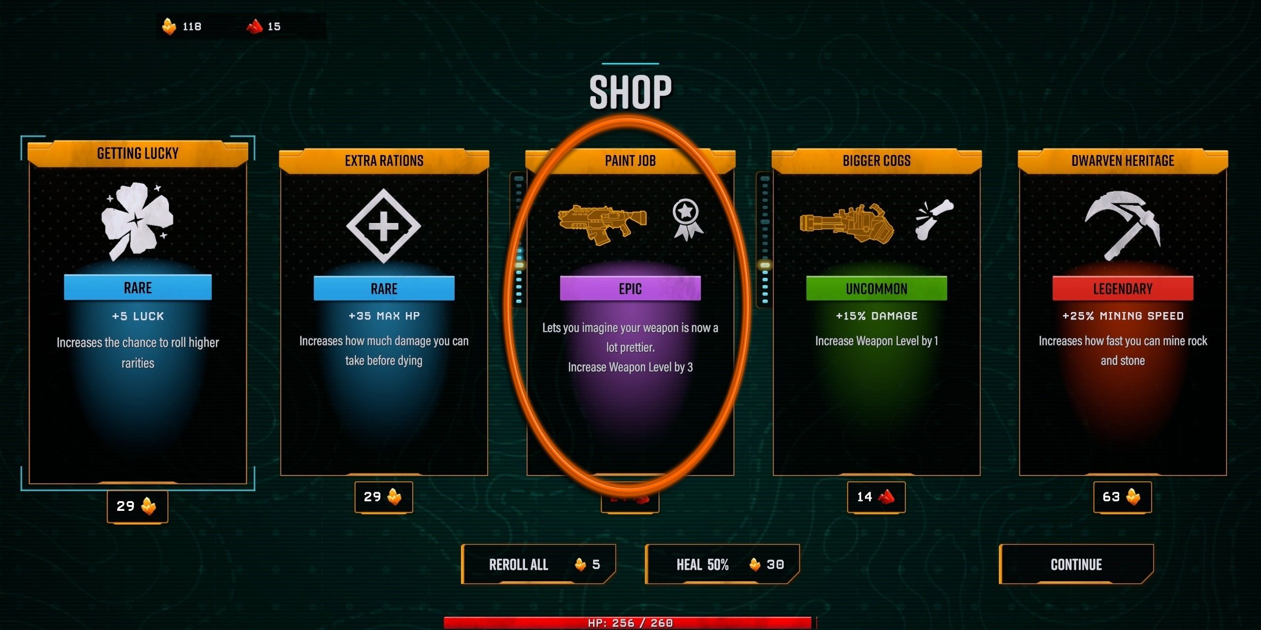 The post-level shop. An Epic Rarity Paint Job Upgrade is circled in orange