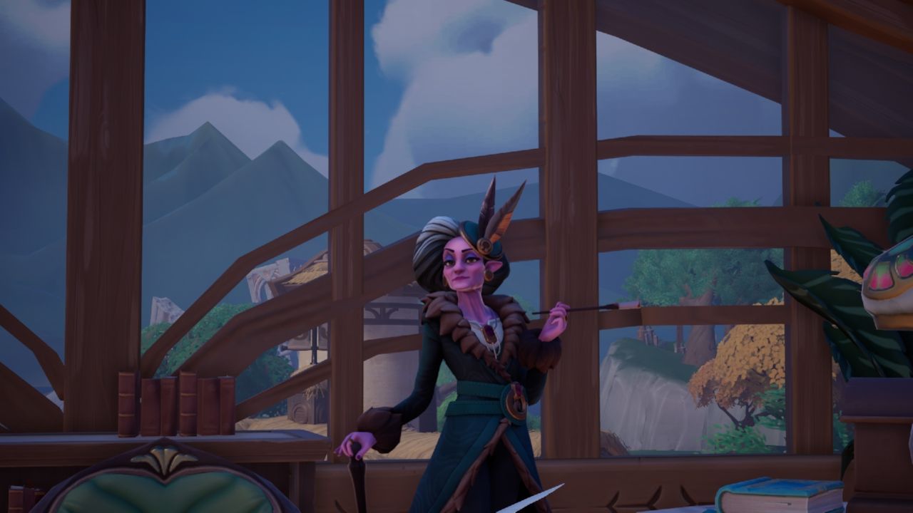 Palia character Eshe standing behind her desk, with a window behind her and sights of Kilima Village and a mountain range visible through it.