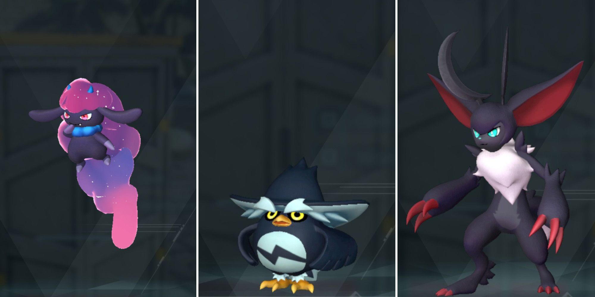 A three-panel image showing Daedream, Hoocrates, and Loupmoon against the black Paldeck background in Palworld.