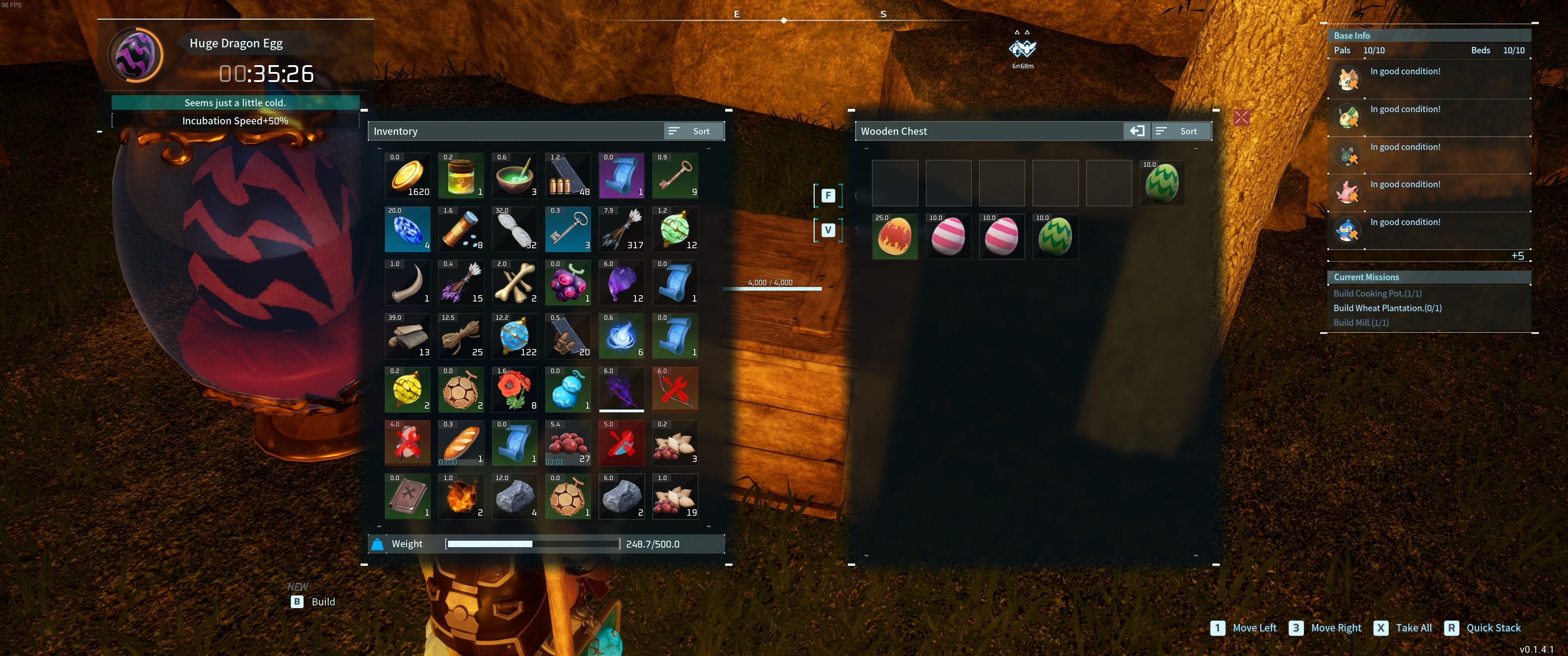 Palworld: An image of the player inventory and a chest full of eggs