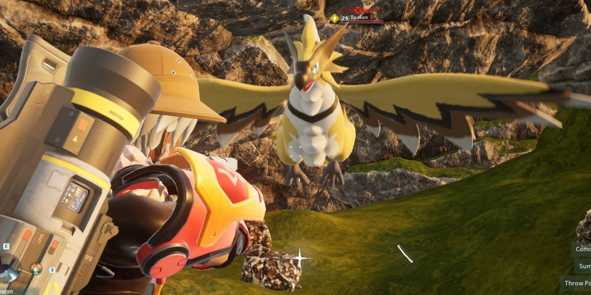 Palworld character aiming a handgun at a large flying bird.