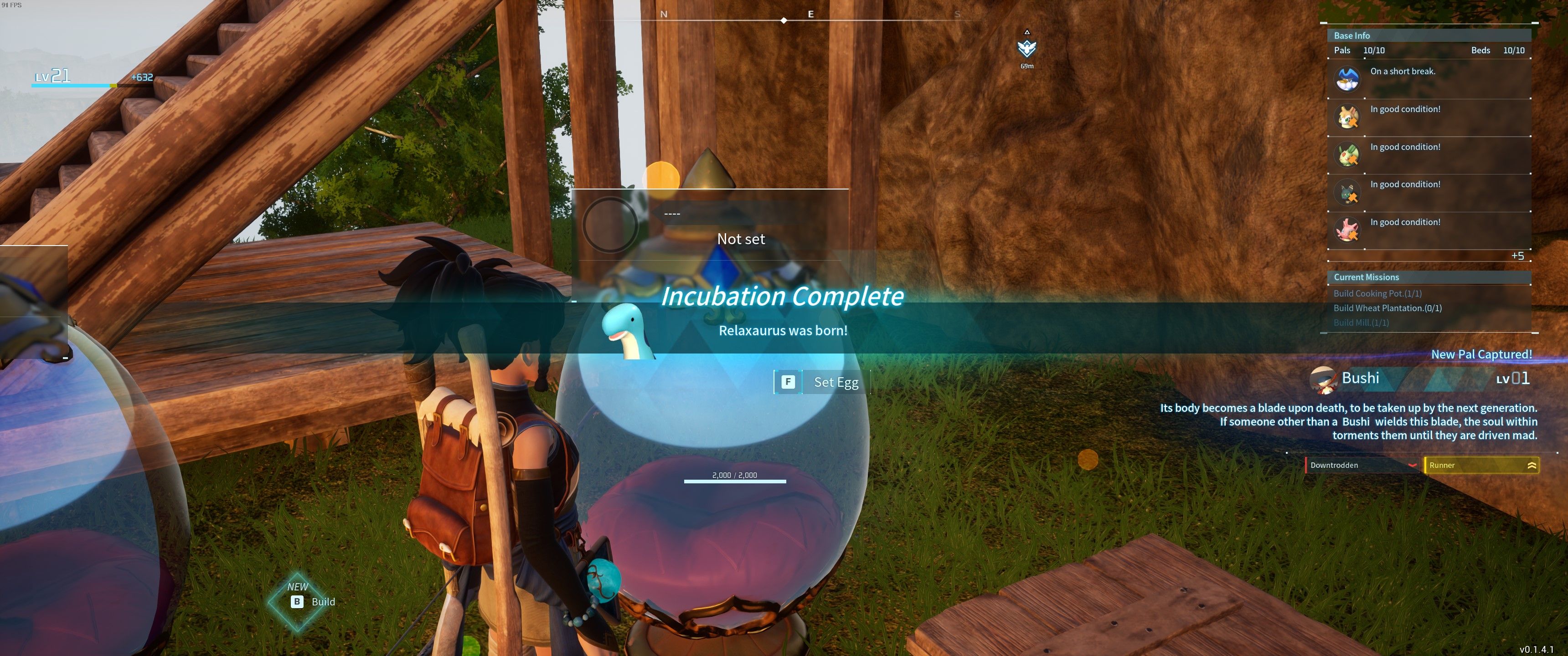 Palworld: The player looks at a newly-emptied Incubator as a banner flashes on screen saying 'Relaxaurus incubation complete'