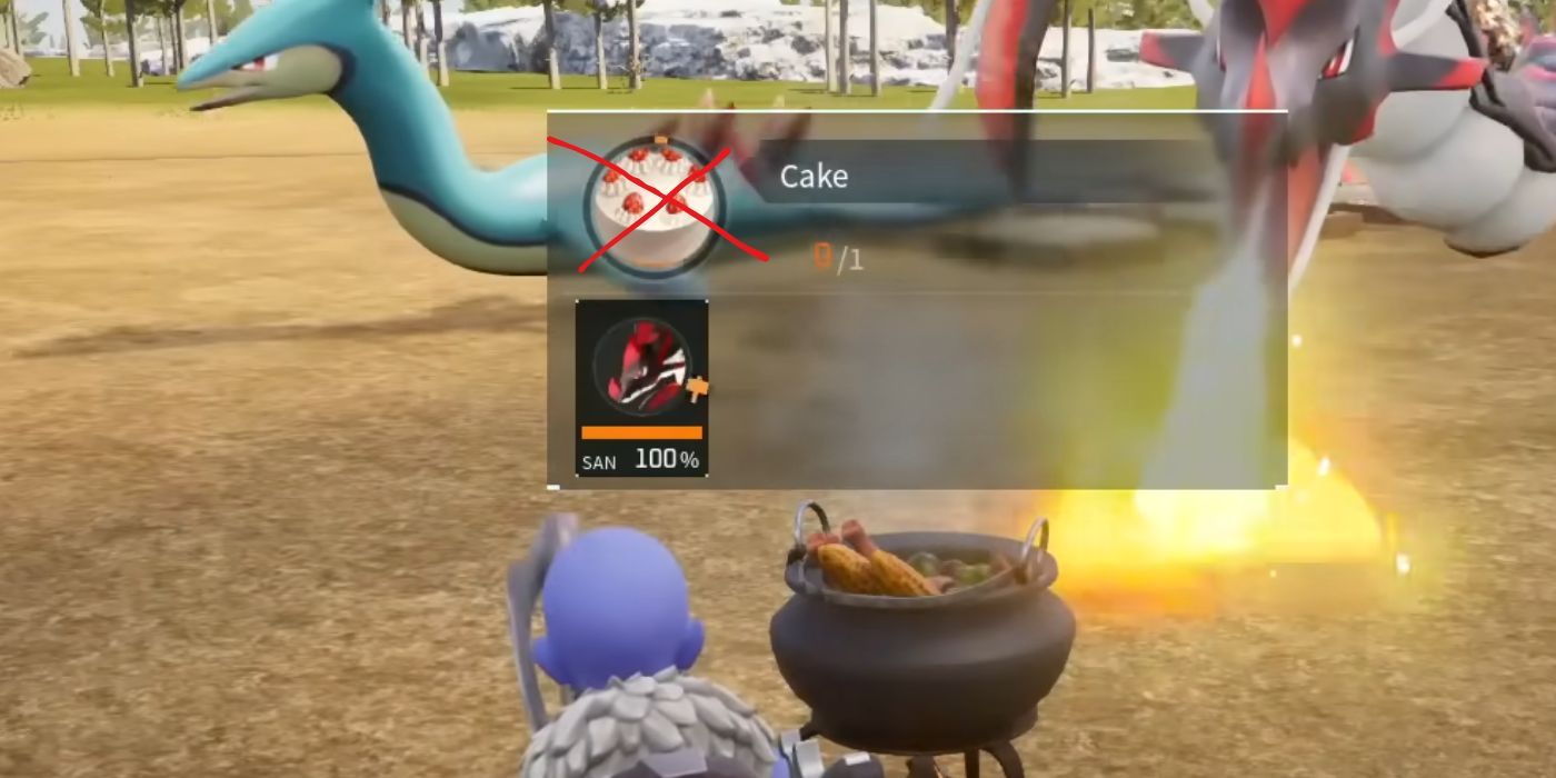 A Pal breathing fire on a cooking pot, showing a recipe for cake with a red "X" through the icon.