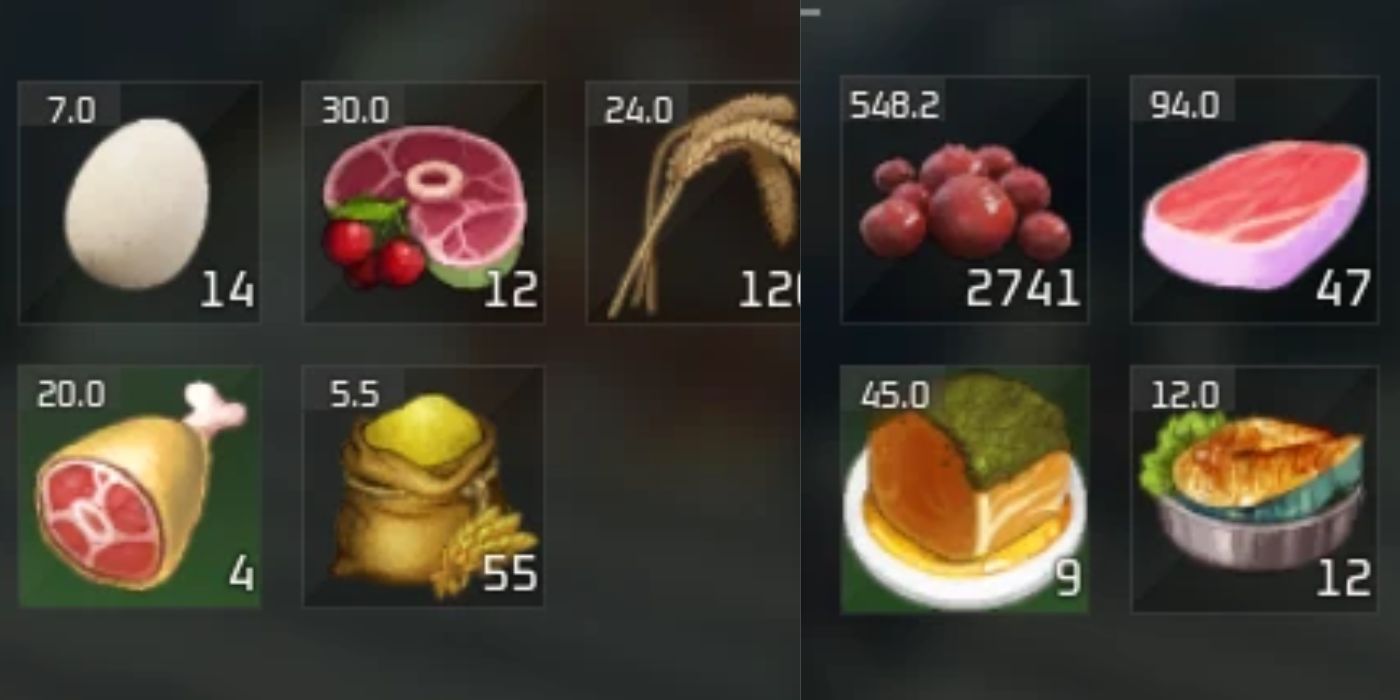 A split image of various foods in Palworld, such as meats, berries, and grains.